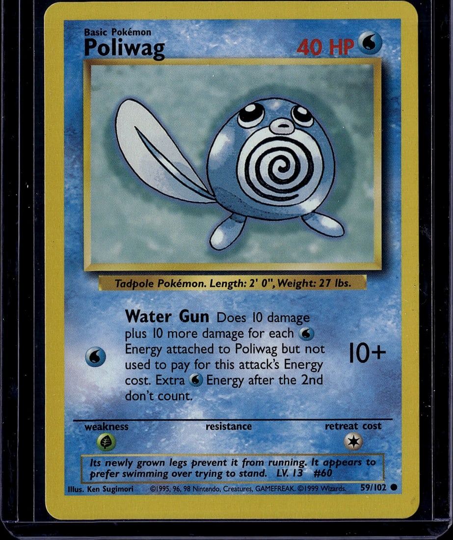1999 Pokemon Base Set Poliwag Card #59/102: This is an authentic 1999 Pokemon Trading Card Game Base Set Poliwag card (#59/102), featuring the iconic Water-type tadpole Pokemon. The card displays vibrant artwork by Ken Suginori and includes