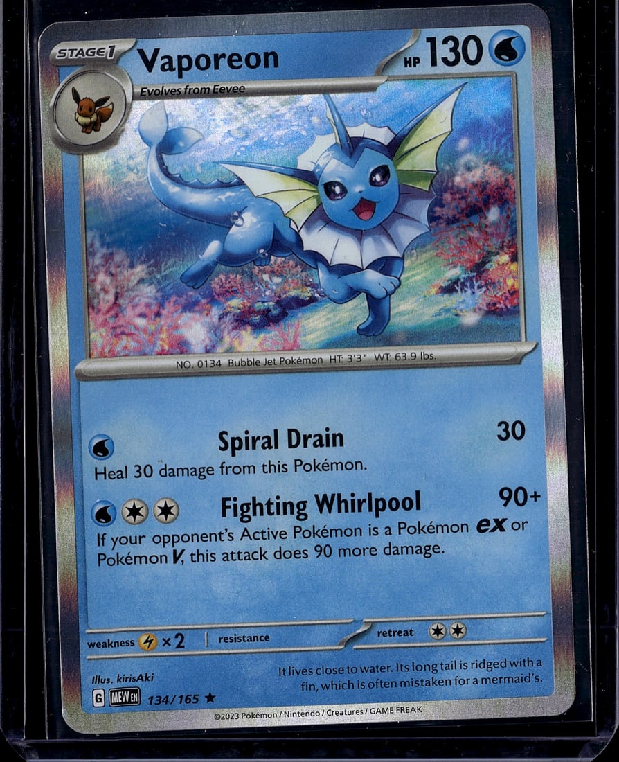 Vaporeon 134/165 Scarlet & Violet Pokemon Card: This is a raw Vaporeon Pokemon trading card from the Scarlet & Violet set, card number 134/165. Vaporeon is a Stage 1 Water-type Pokemon that evolves from Eevee, featuring 130 HP. The card showcases