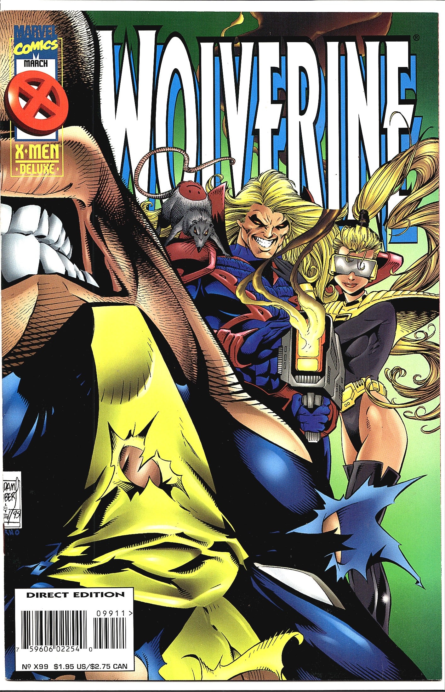 1996 Marvel Wolverine Comic Card #99: This is a Direct Edition copy of Wolverine #X99, published by Marvel Comics and dated March 1996, as part of the X-Men Deluxe line. The cover features two blonde characters - one male with a rat perch