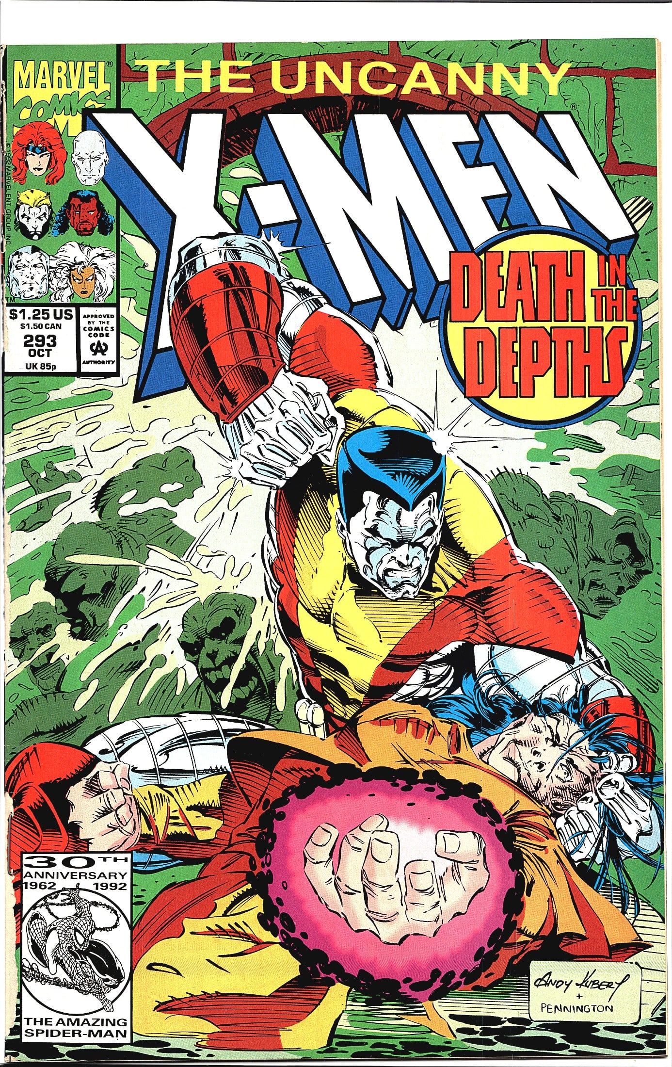 Uncanny X-Men #293 Marvel Comics 1992 Death in: This is Uncanny X-Men #293, published by Marvel Comics in October 1992, priced at $1.25 US. The cover features the story arc titled 'Death in the Depths' and prominently showcases Colossus in his stee