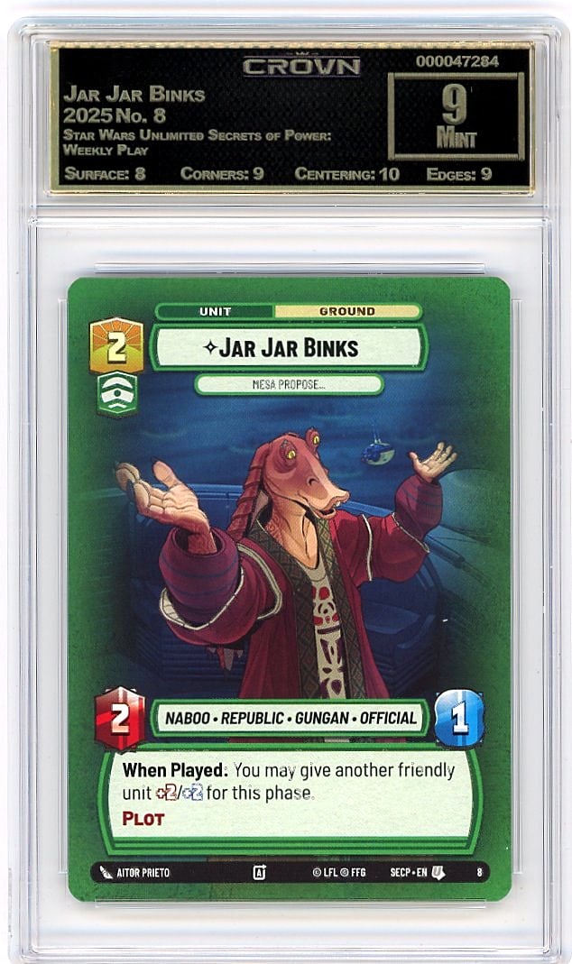 2025 Jar Jar Binks Star Wars Unlimited Secrets: Graded by Crown Grading. Grade: 9.00. Mint