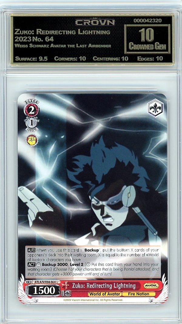 2023 Zuko: Redirecting Lightning Weiss Schwarz: Graded by Crown Grading. Grade: 10.00. Crowned Gem
