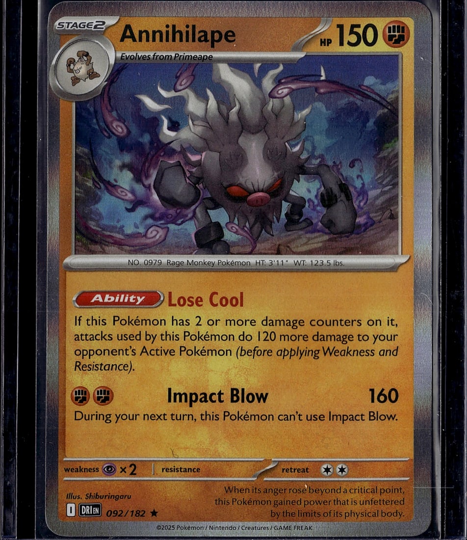 Annihilape 092/182 Pokemon Scarlet Violet Stage: This is a raw Annihilape Pokemon Trading Card from the Scarlet & Violet set, card number 092/182. Annihilape is a Stage 2 Rage Monkey Pokemon with 150 HP, featuring the Lose Cool ability and Impact