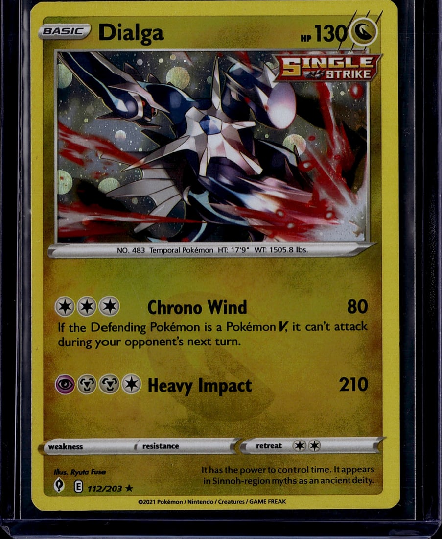 2021 Pokemon Sword & Shield Evolving Skies: Dialga is a Dragon-type Basic Pokemon card from the Sword & Shield Evolving Skies expansion (SWSH07), released August 27, 2021. It has 130 HP, the Single Strike marker, and features two attacks: