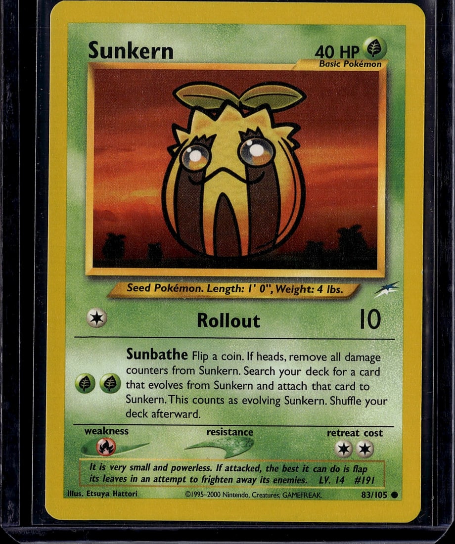 Sunkern Base Set 83/105 Vintage Pokemon Card: This is an ungraded Sunkern Pokemon card from the vintage Base Set, card number 83/105, released in 2000 by Nintendo. Sunkern is a Grass-type Basic Pokemon with 40 HP featuring the Rollout attack and