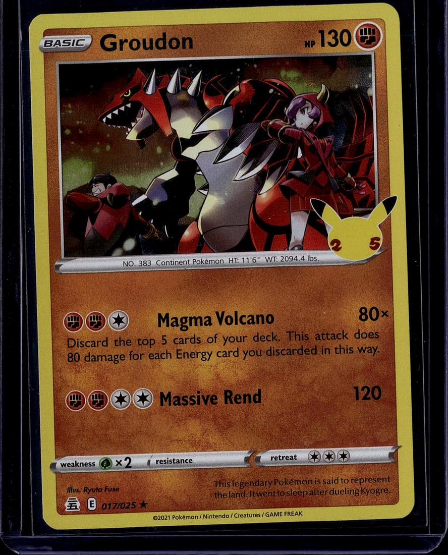 2021 Pokemon Chilling Reign Groudon 017/025 Raw: This is a 2021 Pokemon Trading Card Game card featuring Groudon from the Chilling Reign expansion set. Card number 017/025 showcases the legendary continent Pokemon with vibrant artwork by Ryuta