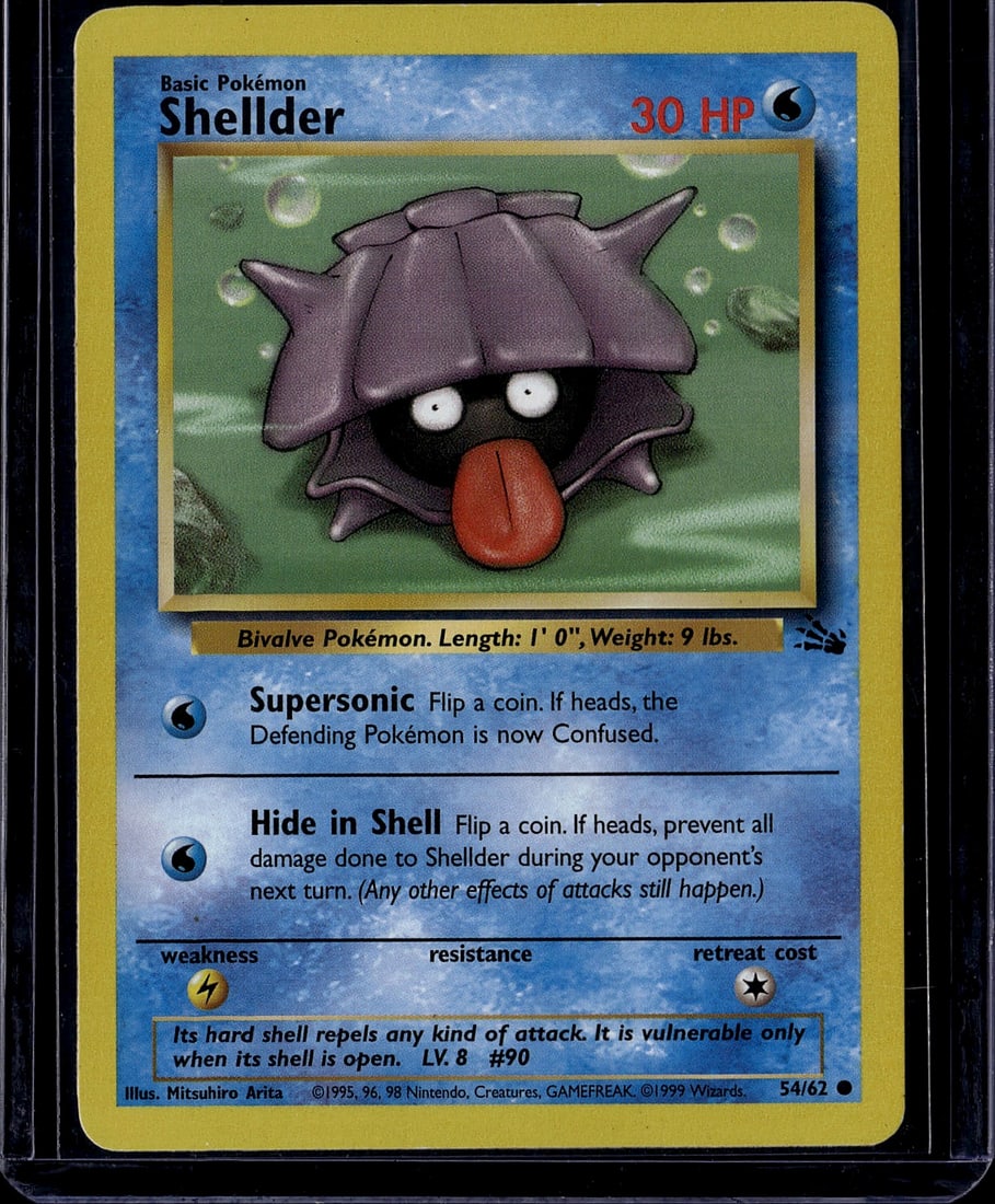 1999 Pokemon Base Set Shellder #54/62 TCG Card: This is an original 1999 Pokemon Trading Card Game Base Set Shellder card (#54/62), featuring the iconic Bivalve Pokemon. Shellder is a Basic Water-type Pokemon with 30 HP, equipped with two