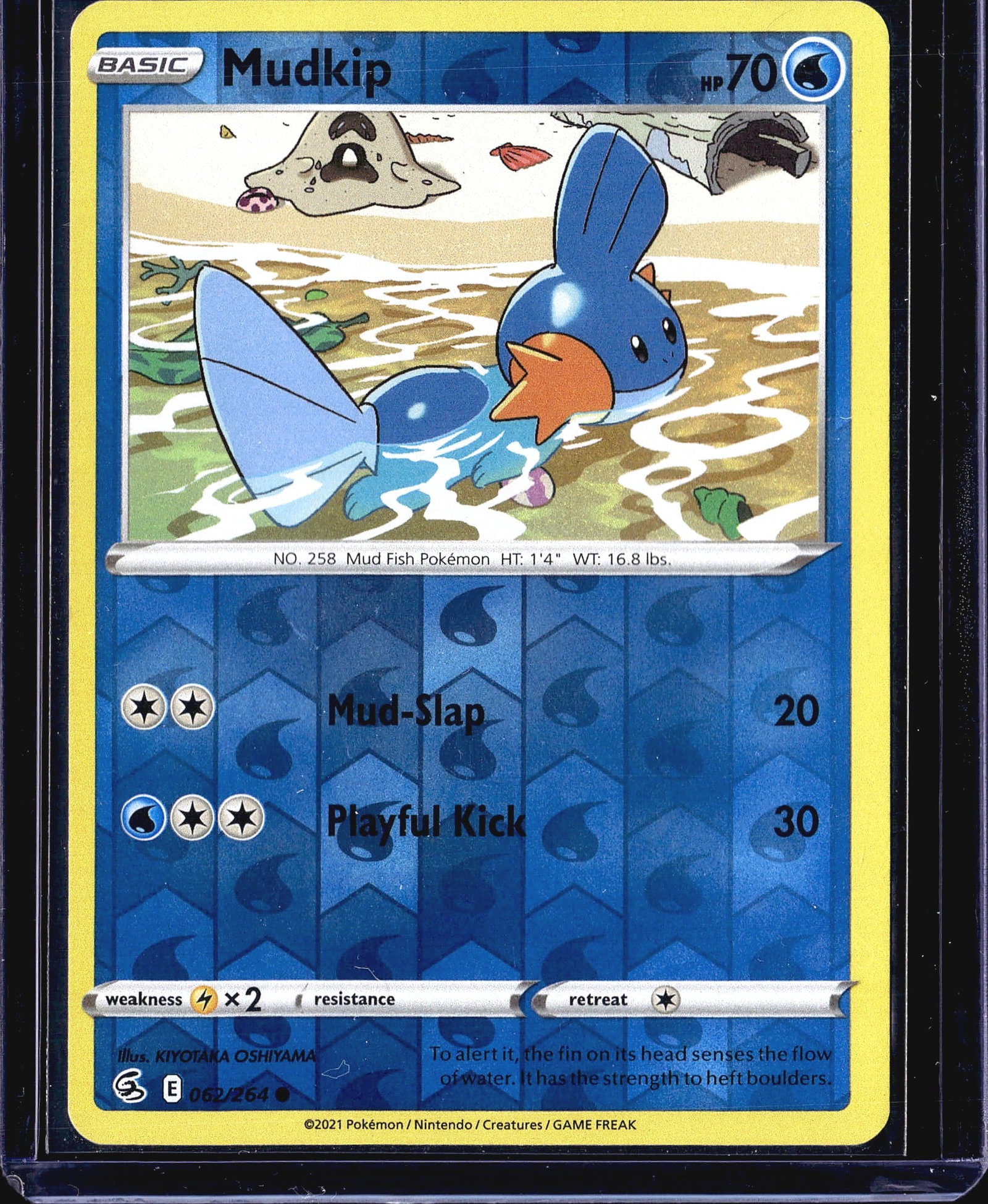 2021 Pokemon Fusion Strike Mudkip 062/264: This listing is for a 2021 Pokemon TCG Mudkip card, number 062/264, from the Fusion Strike expansion set. Mudkip is a Basic Water-type Pokemon with 70 HP, featuring the attacks Mud-Slap (20 damage)