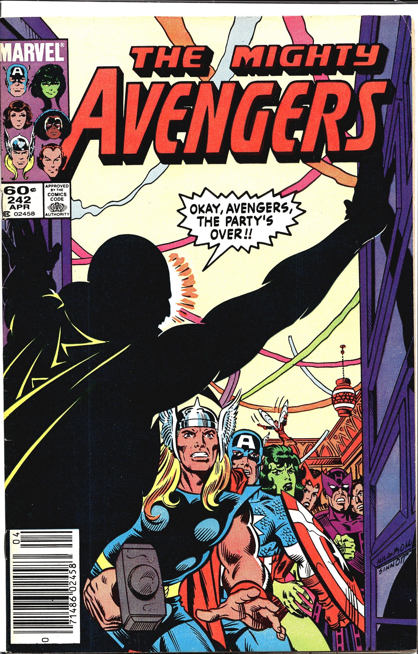 1984 Marvel The Avengers #242 Comic Book The: The Mighty Avengers #242, published by Marvel Comics with a cover date of April 1984, priced at 60 cents. This issue features a dramatic cover depicting a large shadowy figure confronting the Avengers