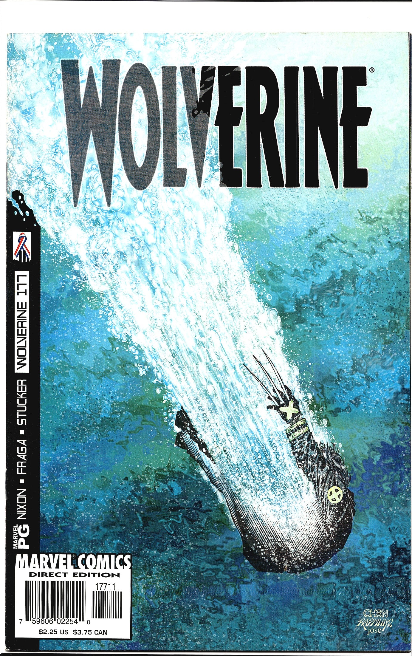 2002 Marvel Wolverine #177 Comic Book Collectible: This is Wolverine #177, a Marvel Comics Direct Edition featuring creative credits to Nixon, Fraga, and Stucker. The cover art by Chen depicts Wolverine plunging into water with his iconic adamantium