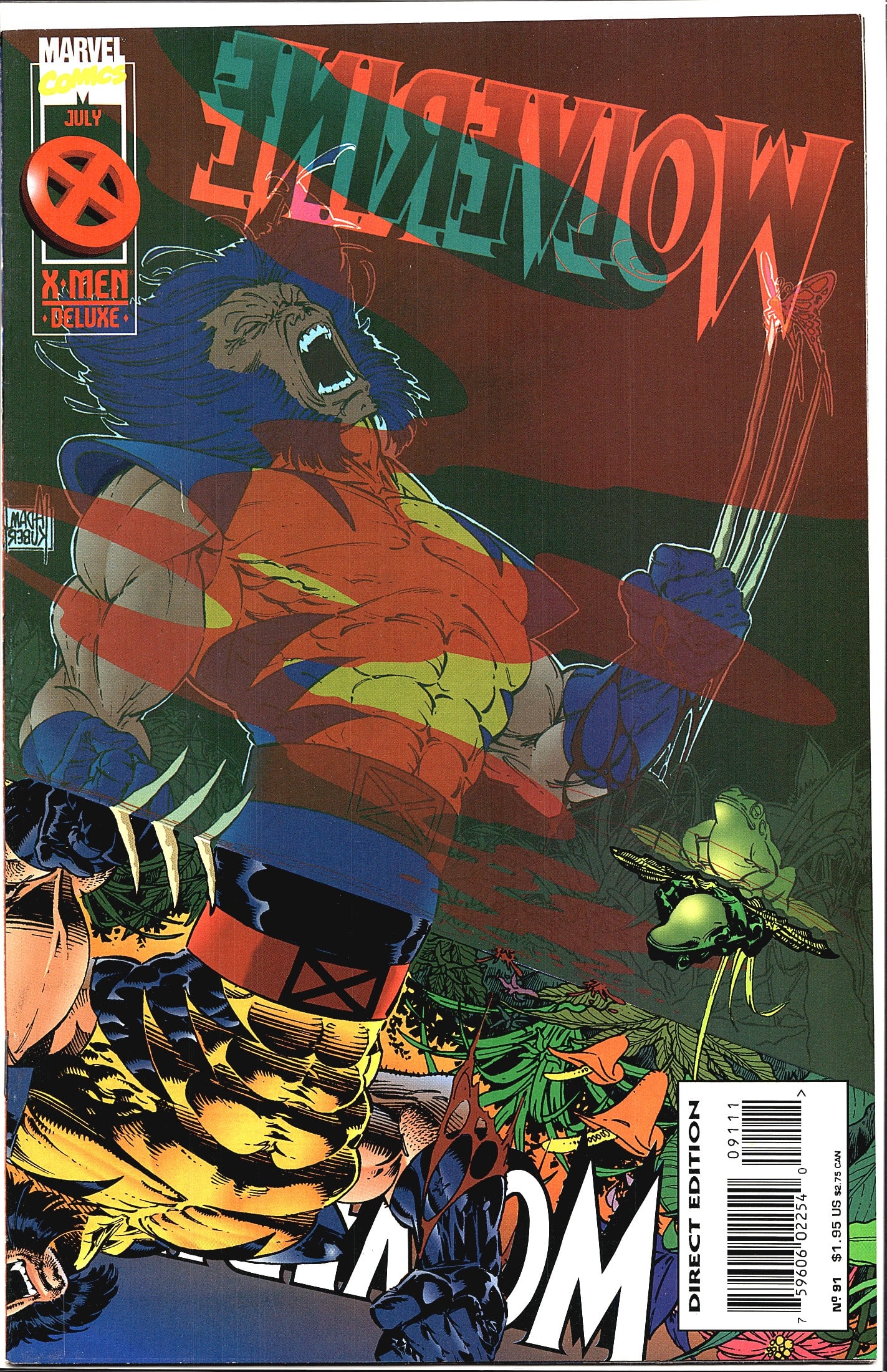 1995 Marvel Wolverine #91 Newsstand Variant: This is Wolverine #91 published by Marvel Comics, cover dated July 1995, part of the X-Men Deluxe line. The cover features a dynamic action scene with a beast-like creature in Wolverine's classic