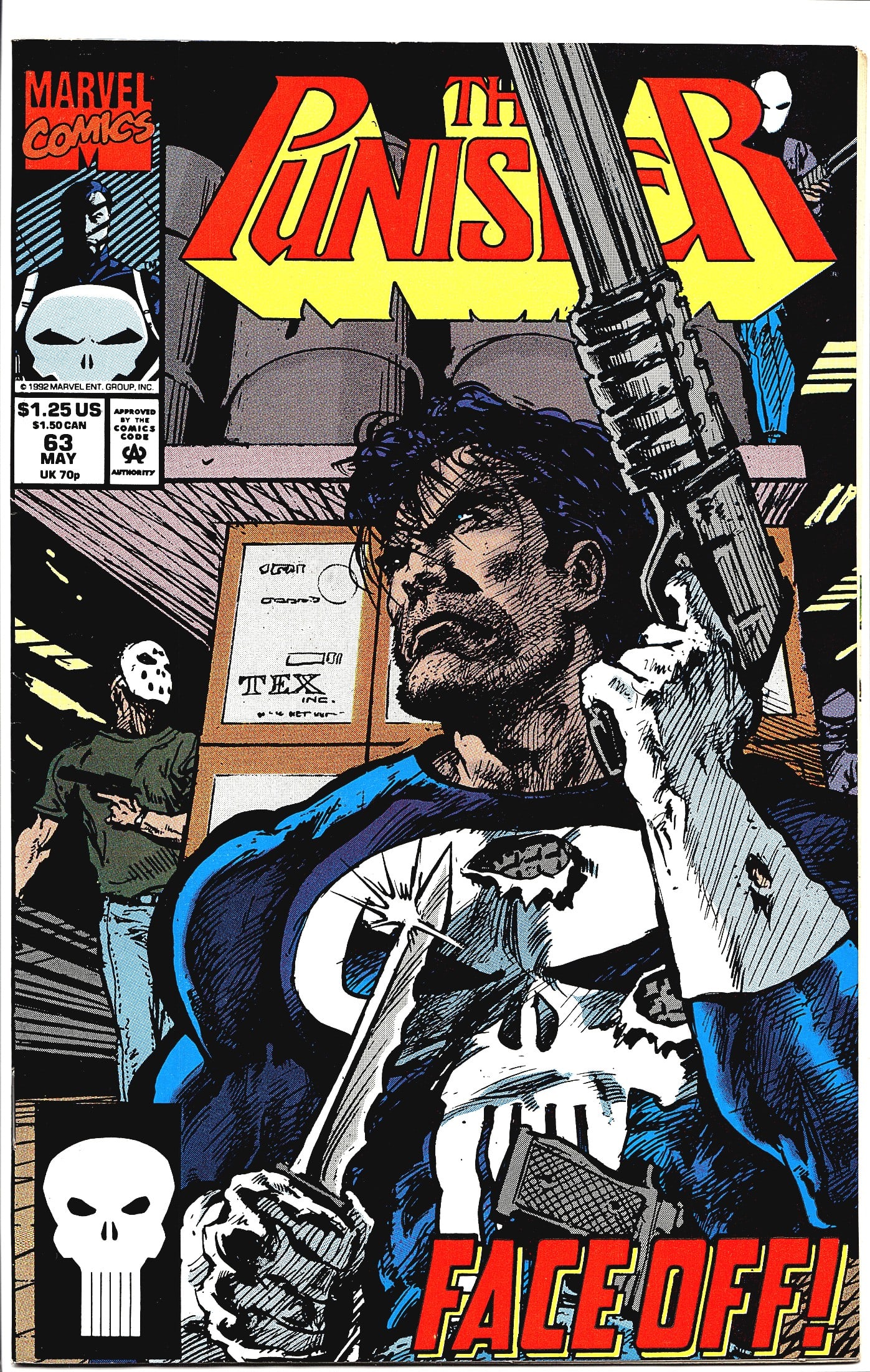 1992 Marvel The Punisher Comic Card #63: This is The Punisher #63, published by Marvel Comics, cover dated May 1992. The cover features the Punisher prominently in the foreground wielding a large firearm, wearing his iconic skull-emblazoned