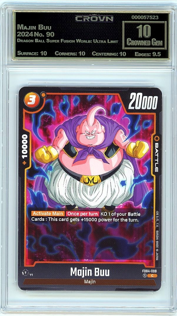 2024 Majin Buu Dragon Ball Super Fusion World: This is a 2024 Majin Buu trading card from the Dragon Ball Super Fusion World: Ultra Limit set, card number 90. It has been professionally graded and authenticated by Crown, one of the leading