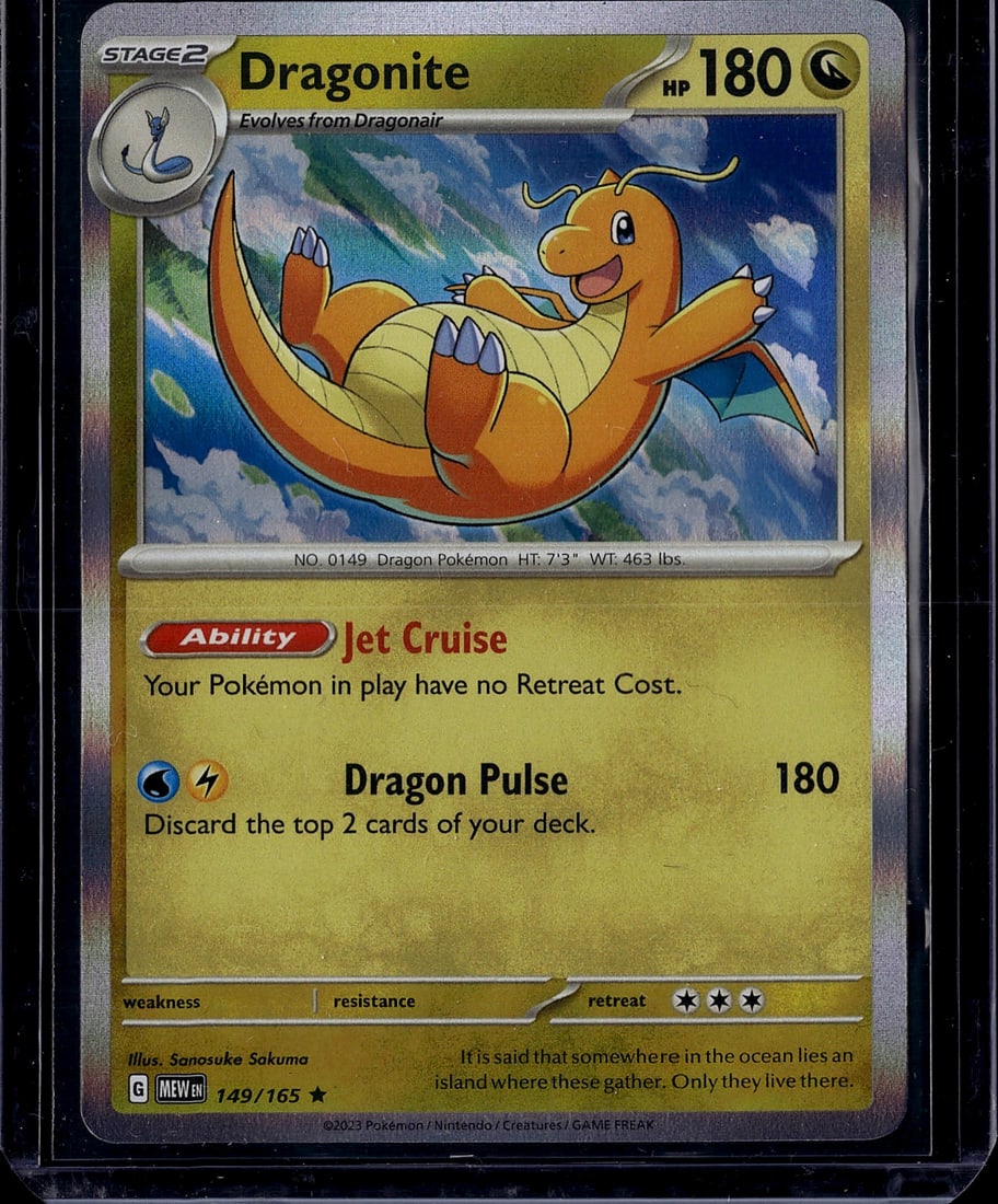 Dragonite 149/165 Scarlet & Violet Pokemon Card: This is a raw Dragonite card from the Scarlet & Violet Pokemon TCG set, card number 149/165. It is a Stage 2 Dragon-type Pokemon with 180 HP, featuring the Jet Cruise ability that prevents retreat