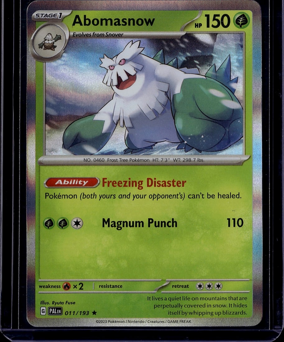 2023 Pokemon Scarlet Violet Paldea Evolved: Abomasnow 011/193 is a Holo Rare Stage 1 Grass-type Pokemon card from the 2023 Scarlet & Violet: Paldea Evolved set (SV02). The card features 150 HP, illustrated by Ryuta Fuse, and is available in