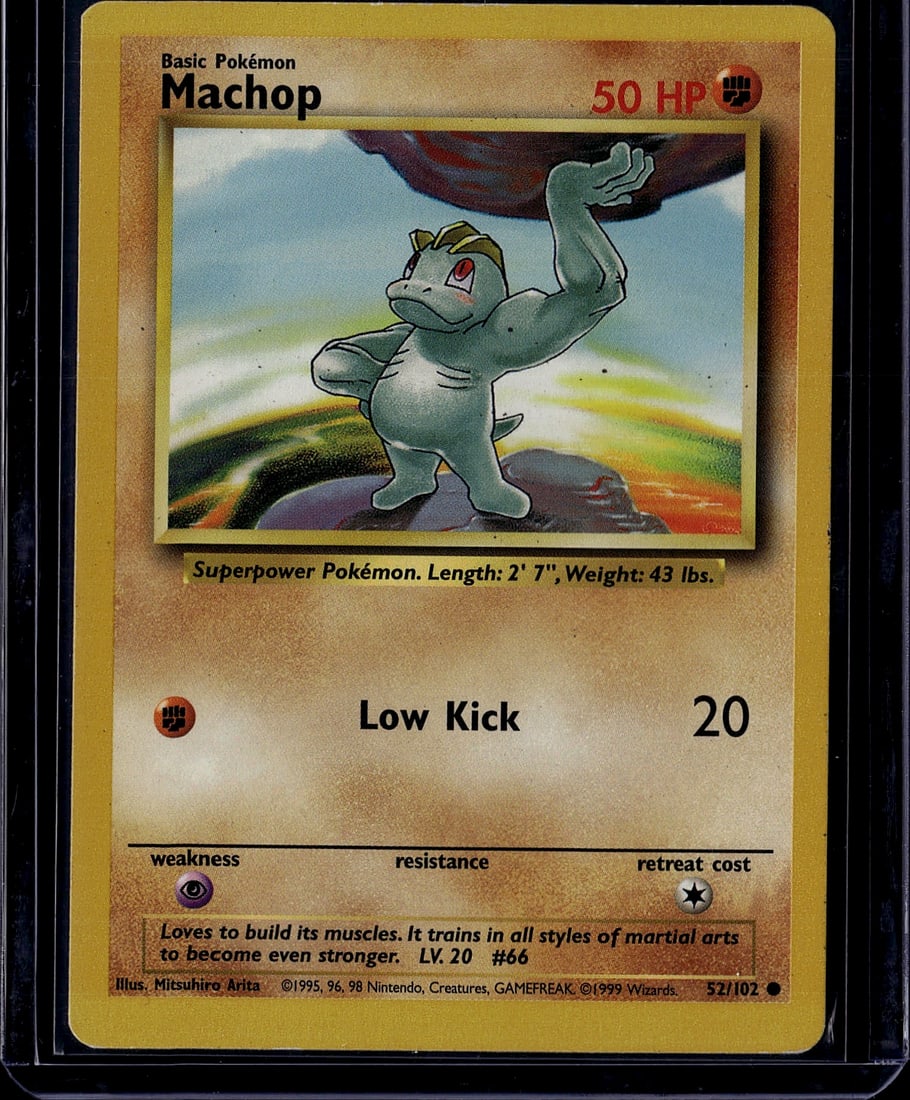 1999 Pokemon Base Set Machop #52/102 Wizards of: This is a 1999 Pokemon Trading Card Game Base Set Machop (#52/102) produced by Wizards of the Coast. Machop is a Basic Fighting-type Pokemon with 50 HP, featuring the attack "Low Kick" dealing 20