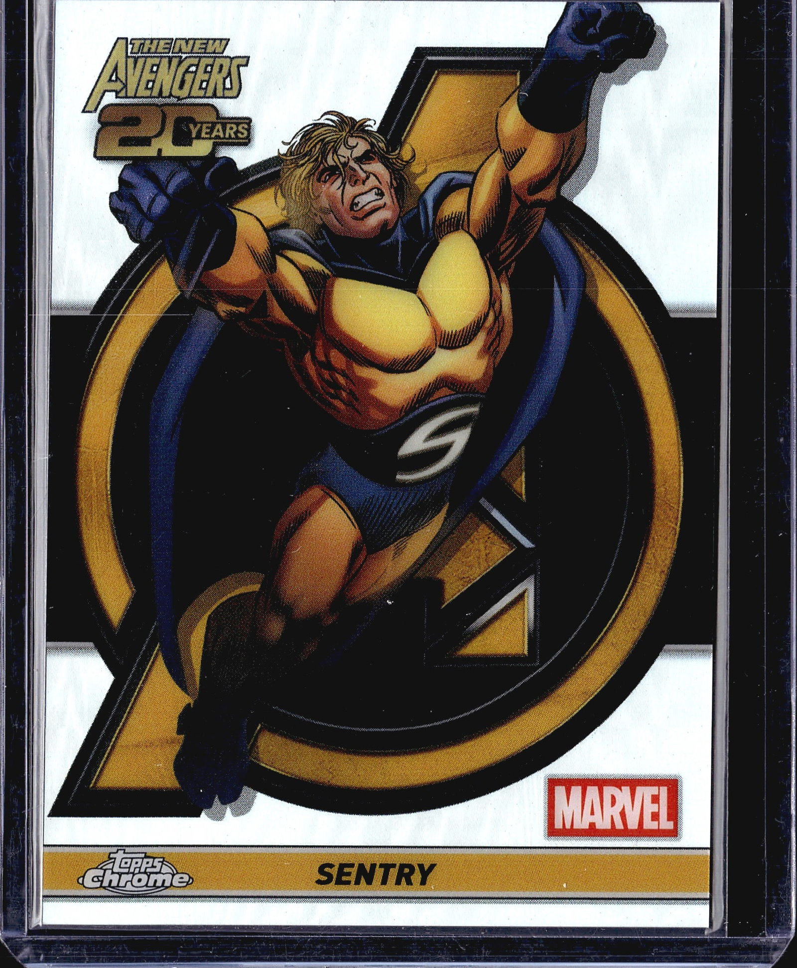 2025 Topps Chrome Marvel The New Avengers Sentry: This is the 2025 Topps Chrome New Avengers 20 Years anniversary insert card featuring Sentry, card number AV-4. The front showcases a dynamic comic art illustration of Sentry in his classic gold and