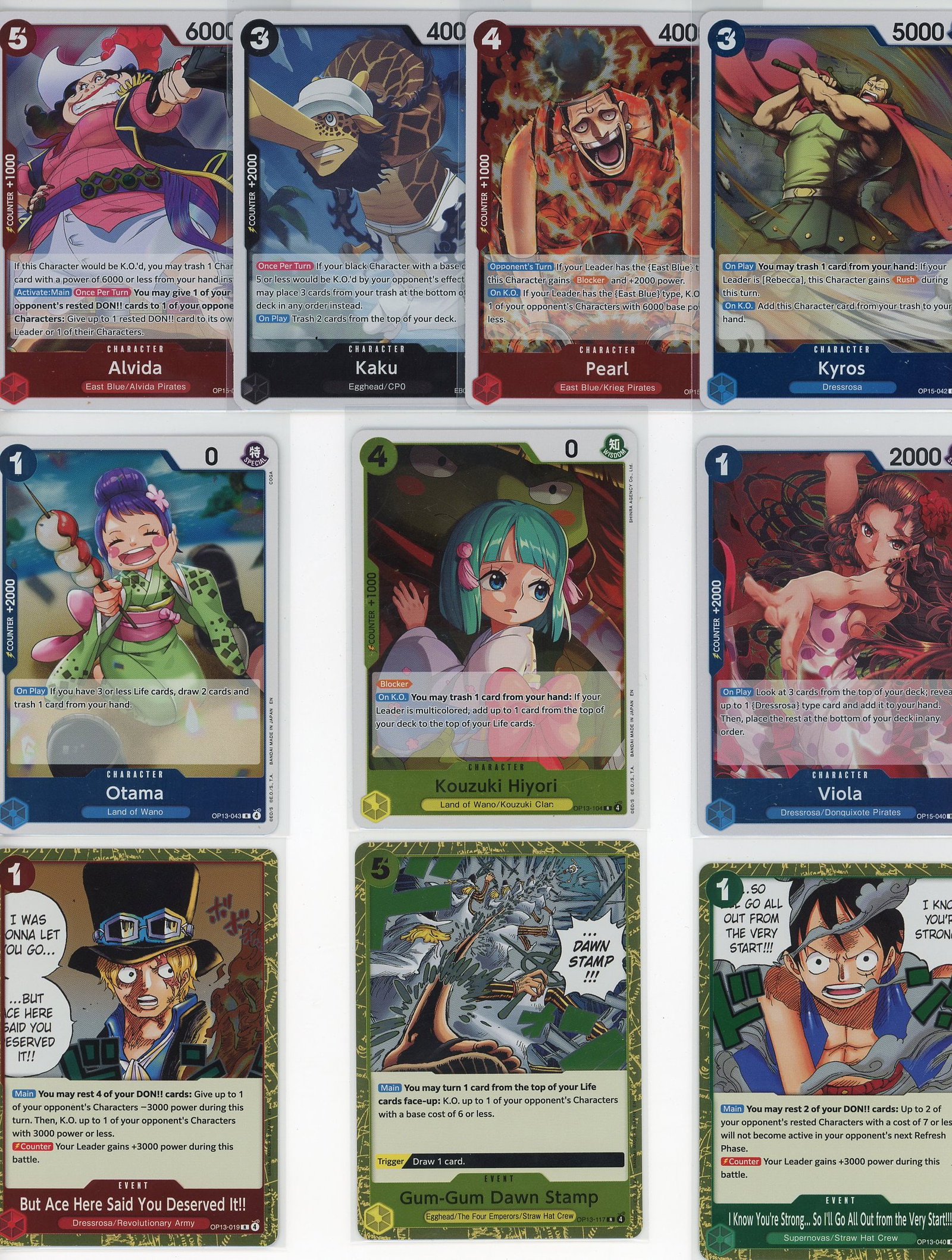 Lot of 10 One Piece Foil Trading Cards - Alvida: This lot contains 10 foil cards from the One Piece Trading Card Game by Bandai, featuring iconic characters from the series. The collection includes high-value character cards such as Alvida (6000