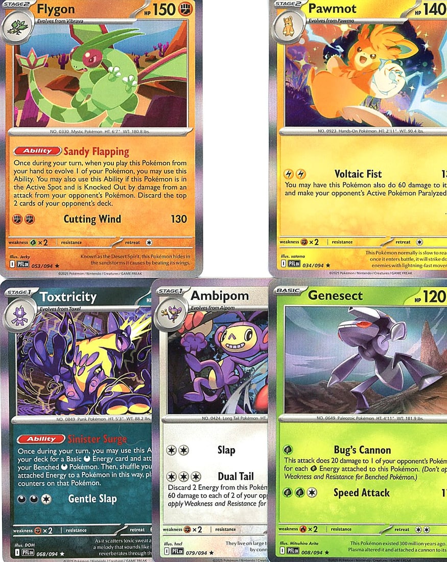Pokemon Scarlet Violet Raw Single holo Lot - 5: Raw Pokemon card lot featuring 5 ungraded singles from Scarlet & Violet expansion. Cards include Flygon (Stage 2, 150 HP, 053/094), Pawmot (Stage 1, 140 HP, 024/094), Toxtricity (Stage 1, Holo),