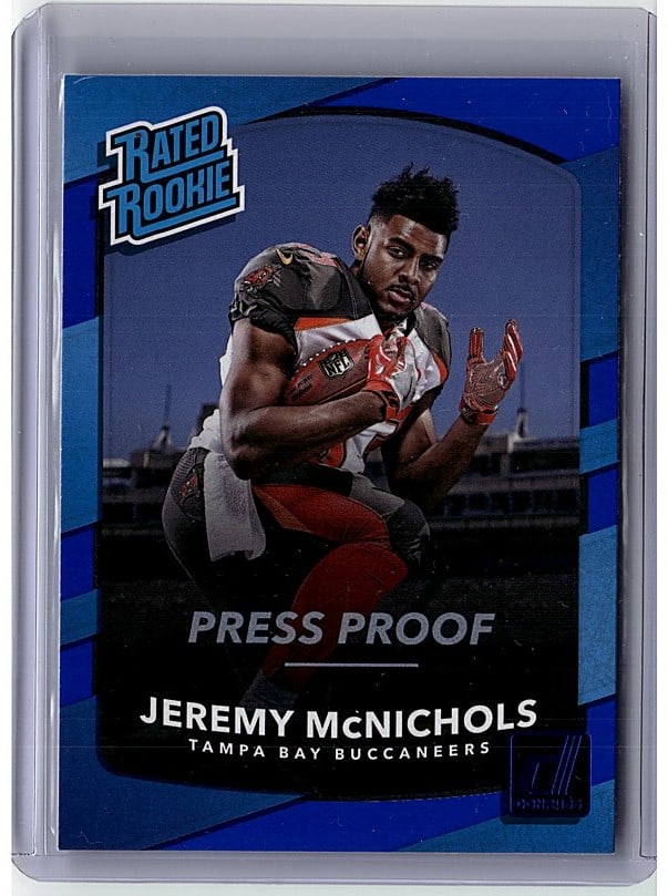 2017 Donruss Jeremy McNichols #350 Press Proof: This is a raw Jeremy Muchols Panini Rookies Press Proof football card featuring the Tampa Bay Buccaneers prospect. Press Proof cards are special pre-production variants typically distributed to team