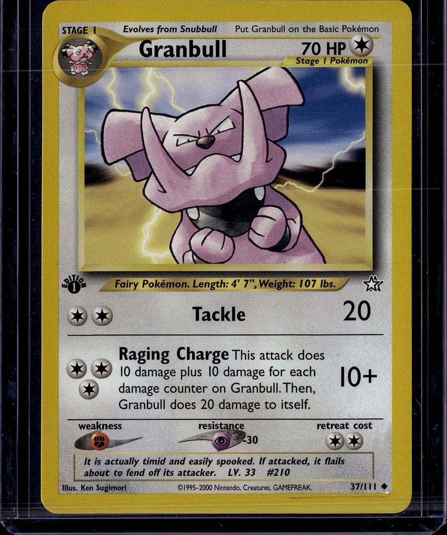 Granbull 37/111 Neo Genesis Pokemon Card Stage 1: This is a Neo Genesis era Granbull Pokemon Trading Card from 2000, card number 37/111. Granbull is a Stage 1 Fairy-type Pokemon that evolves from Snubbull, featuring 70 HP and two classic attacks: