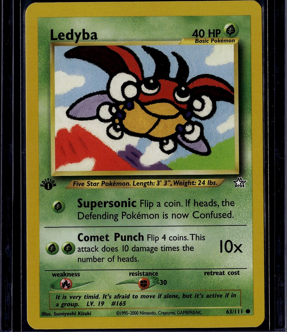 Ledyba Pokemon Card Neo Genesis 63/111 - Five: This is an authentic Ledyba Pokemon trading card from the Neo Genesis set, card number 63/111. Released in 2000 by The Pokemon Company, this Five Star Basic Pokemon features the iconic bug-type