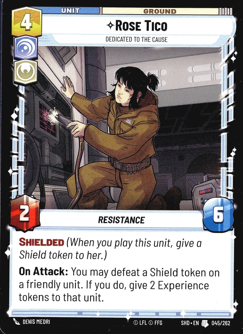 2024 Fantasy Flight Games Star Wars Unlimited: This listing is for Rose Tico - Dedicated to the Cause, card number 045/262 from the Star Wars Unlimited trading card game set Shadows of the Galaxy (set code SHD). Published by Fantasy Flight Games