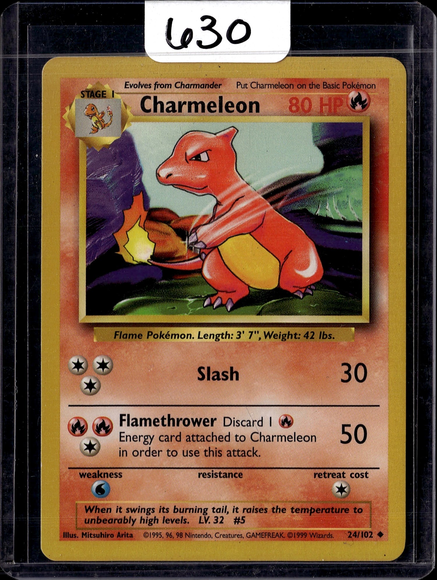 Charmeleon 24/102 Base Set 1999 Pokemon Card: This is an original 1999 Charmeleon Pokemon card from the Base Set, card number 24/102. Published by Wizards of the Coast and illustrated by Mitsuhiro Arita, this Stage 1 Fire-type Pokemon features