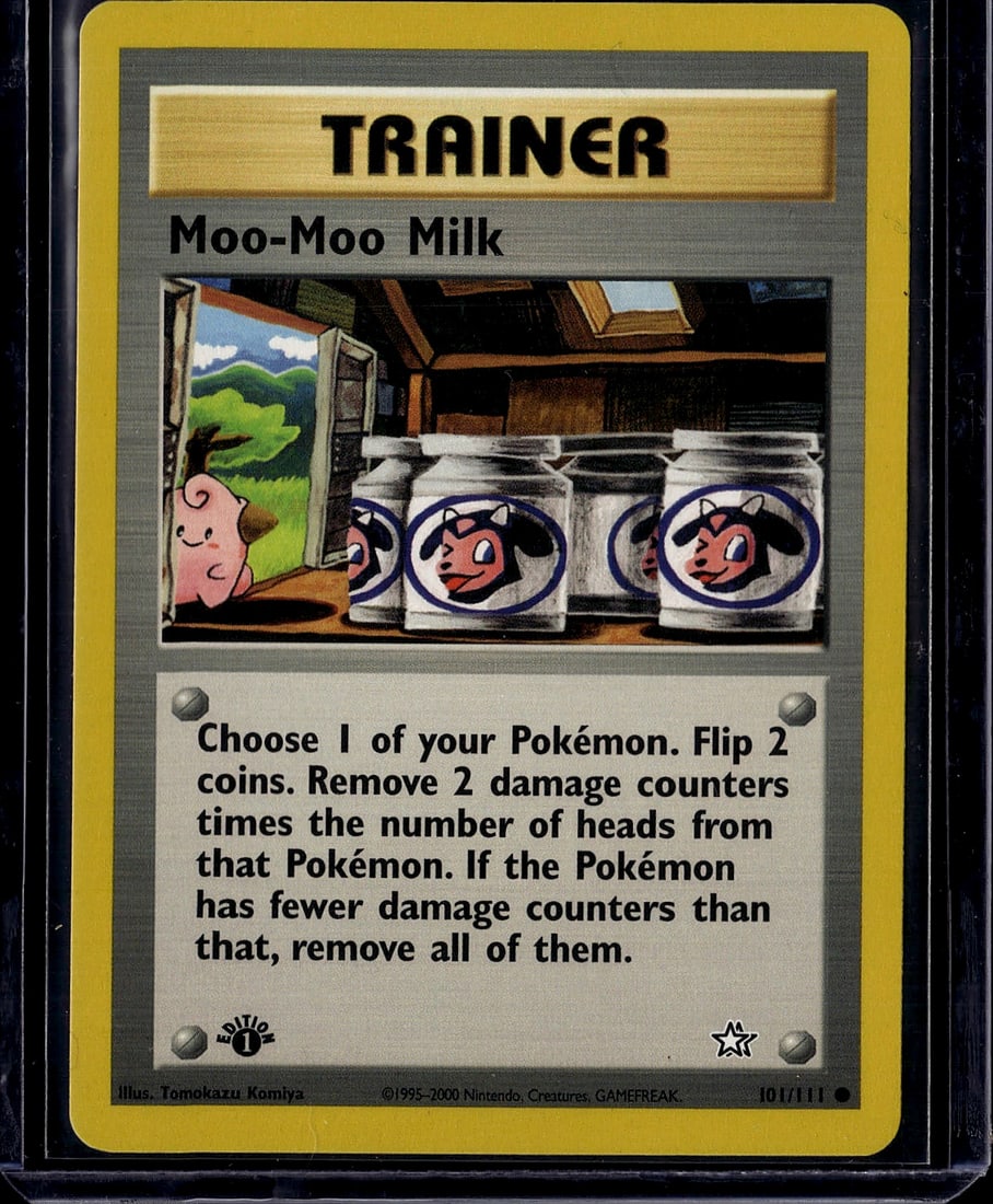 Moo-Moo Milk Trainer 101/111 Gym Heroes Pokemon: This is a raw Moo-Moo Milk Trainer card from the Gym Heroes expansion set, released in 2000. Card number 101/111, printed by The Pokemon Company and illustrated by Tomokazu Komiya. The card features