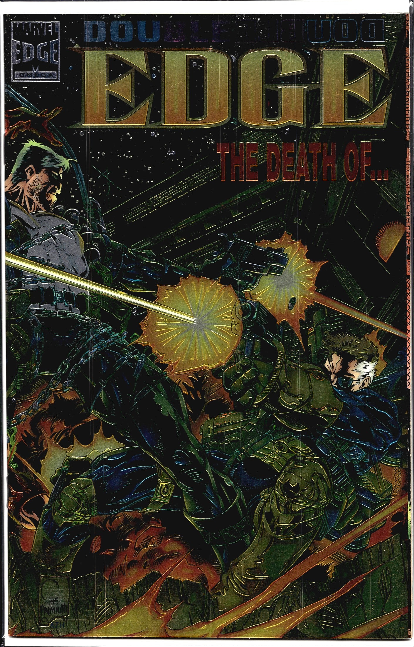 1995 Marvel Double Edge Omega #1 Punisher Nick: This is a raw copy of Double Edge: The Death Of..., published by Marvel Comics under the Marvel Edge imprint. The cover features a dramatic action scene with two characters engaged in an intense