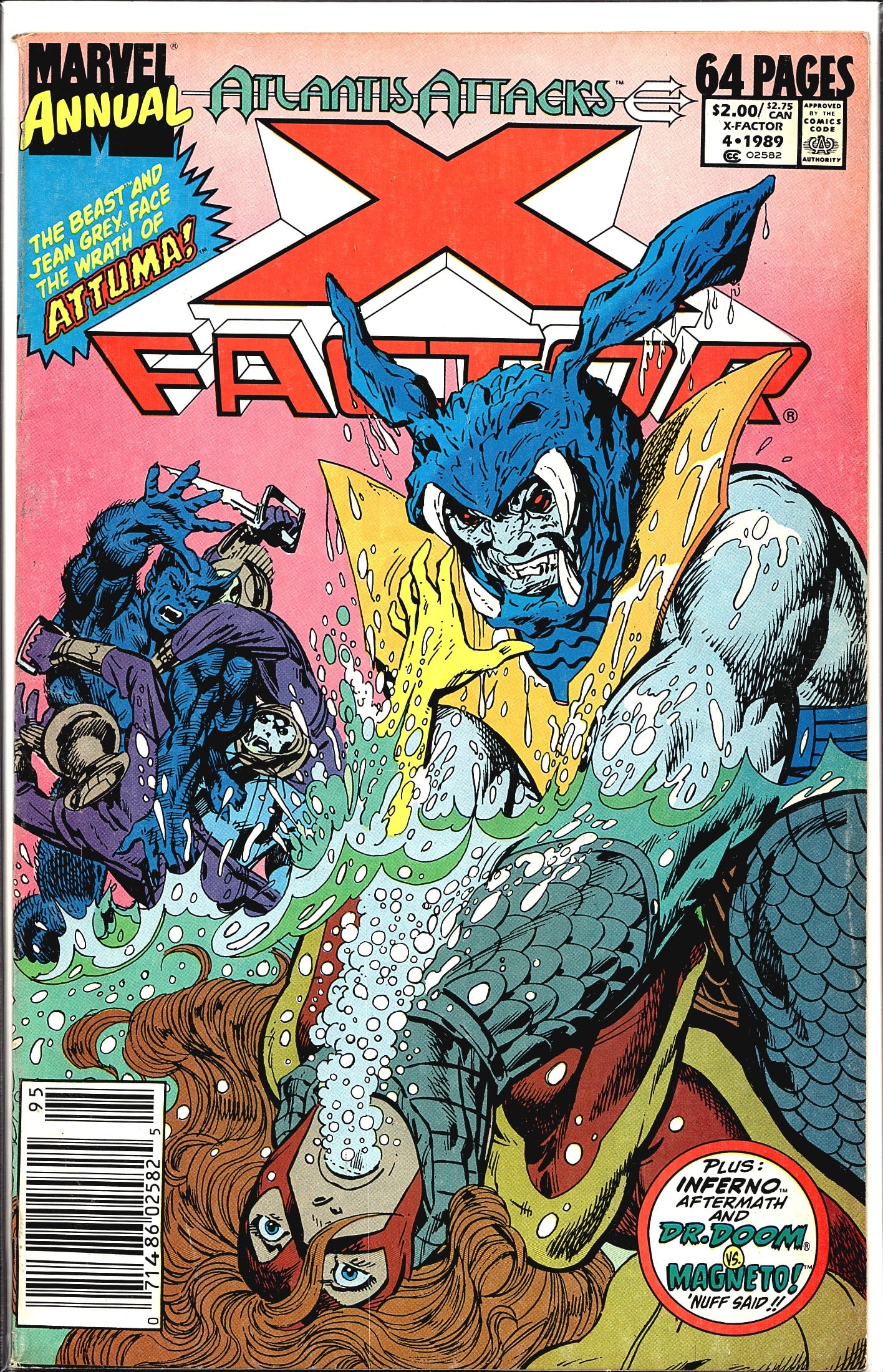 1989 Marvel X-Factor Annual #4 Comic Book: This is Marvel's X-Factor Annual #4 from 1989, part of the classic 'Atlantis Attacks' crossover event. The cover features 64 pages of content and prominently displays the Beast and Jean Grey facing