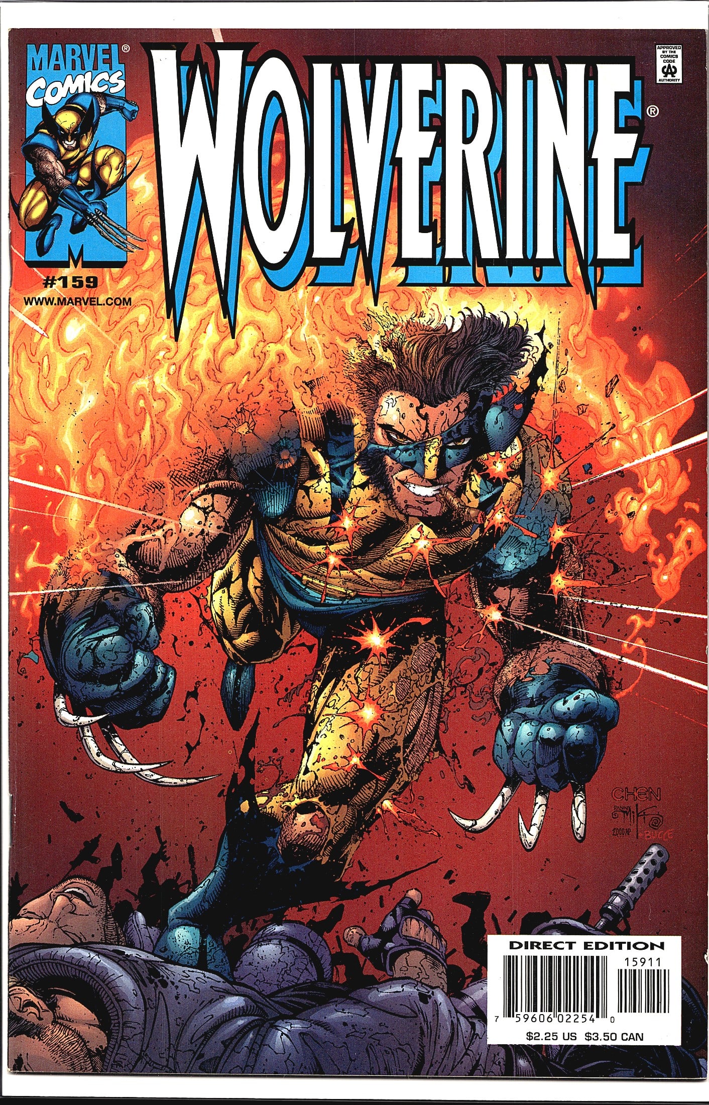 Wolverine #159 Marvel Comics 2001 Direct Edition: Wolverine #159 from Marvel Comics, published in 2001 as a Direct Edition release. The cover features Wolverine in a dynamic action pose, shirtless with his bone claws extended, surrounded by flames