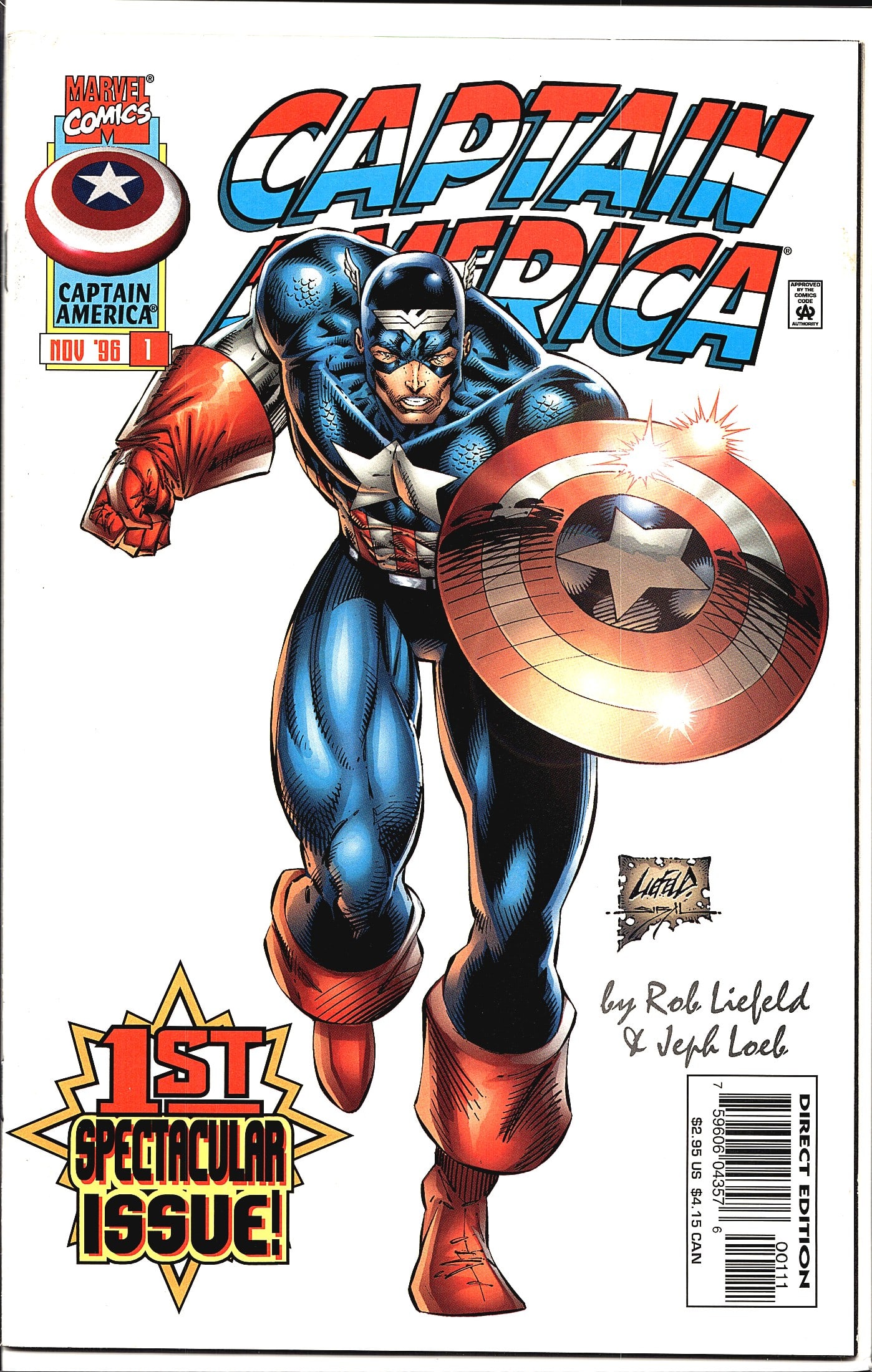 1996 Marvel Captain America Vol. 2 #1 1st Issue: Captain America #1 from Marvel Comics, cover dated November 1996, written by Jeph Loeb and illustrated by Rob Liefeld. This is the first issue of the 1996 series launched as part of Marvel's Heroes