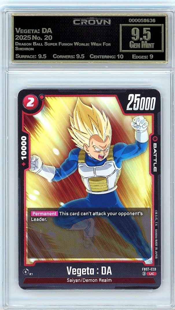 2025 Vegeta DA Dragon Ball Super Fusion World: This is a 2025 Vegeta: DA trading card from the Dragon Ball Super Fusion World: Wish For Shenron set, card number 20. It represents a key release in the Dragon Ball Super Fusion World TCG line and