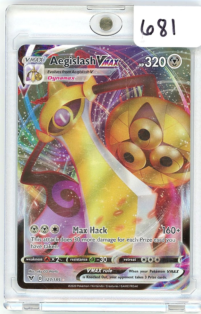 2020 Pokemon Vivid Voltage Aegislash VMAX: This listing features the Aegislash VMAX card numbered 127/185 from the 2020 Pokemon Sword & Shield: Vivid Voltage set. The card is a full-art style VMAX with 320 HP and the Metal type. It features