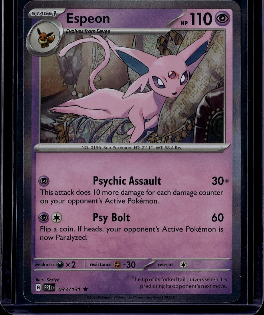Espeon 033/131 Pokemon Card Stage 1 Psychic Type: This is a Pokemon Trading Card Game card featuring Espeon, a Stage 1 Psychic-type Pokemon that evolves from Eevee. The card displays an HP of 110 and was released as part of the Sun Pokemon series.