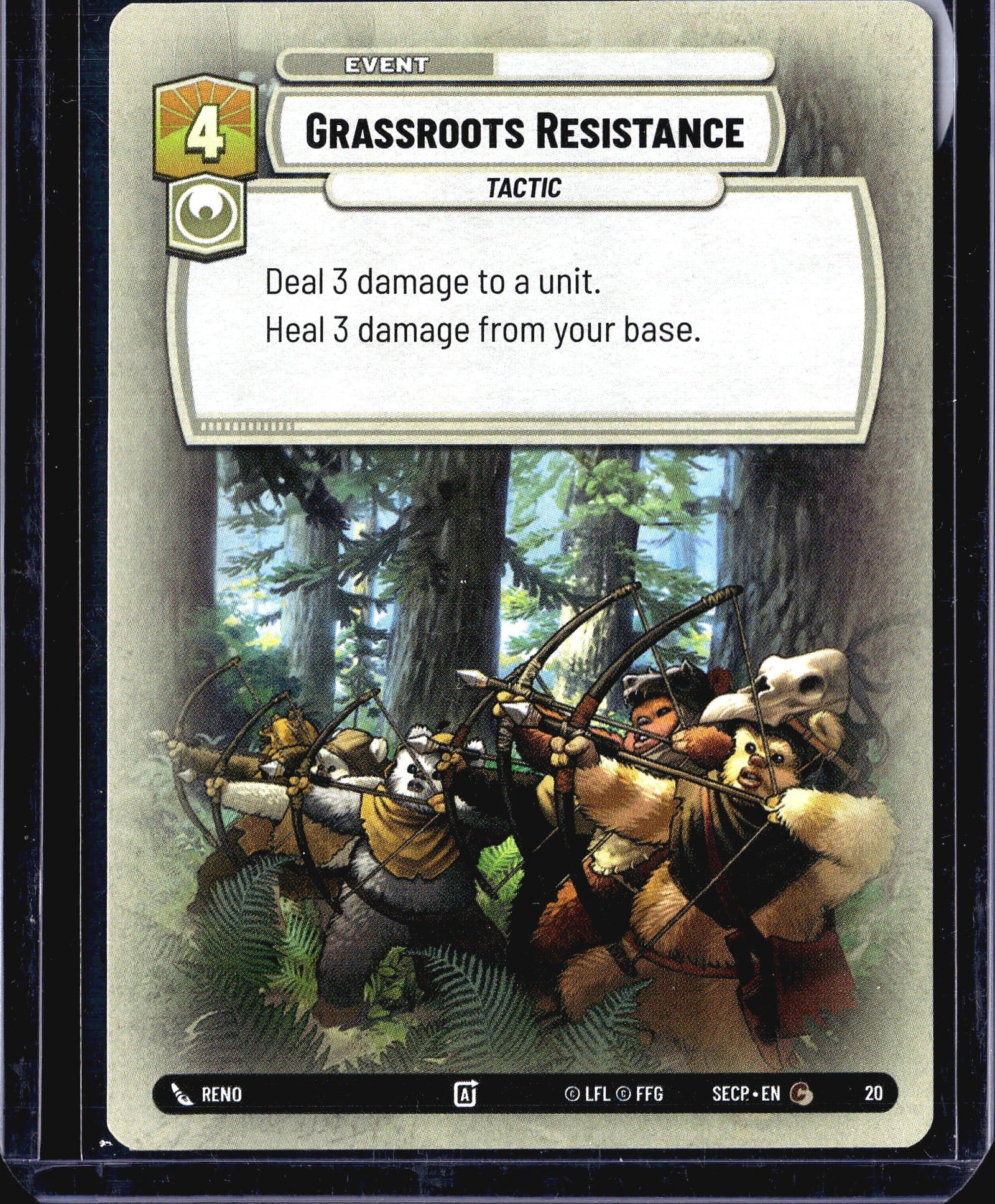 2024 Fantasy Flight Games Spark of Rebellion #20: This listing is for Grassroots Resistance, card #20 from the Star Wars Unlimited trading card game, set code SECP (Spark of Rebellion). It is an Event card with the Tactic subtype, costing 4
