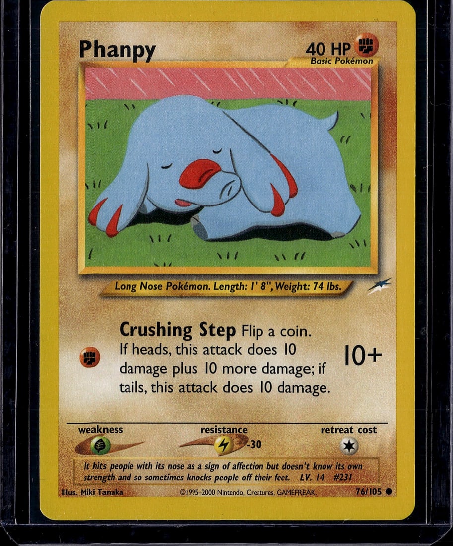Phanpy 76/105 Neo Genesis Pokemon Card Raw Single: This is a raw Phanpy Pokemon trading card from the Neo Genesis set (card #76/105), released by Nintendo/Creatures/GAMEFREAK in 2000. Phanpy is a Basic Psychic-type Pokemon with 40 HP, featuring the