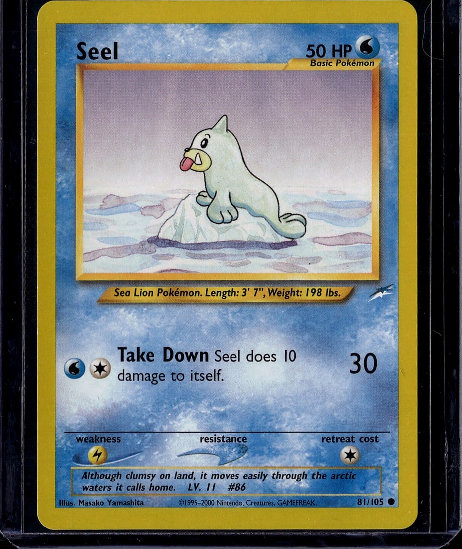 Seel 81/105 Pokemon Base Set Unlimited Single: This is a vintage Seel Pokemon card from the classic Base Set (unlimited edition), card number 81/105. Published in 2000 by Nintendo and Creatures/GameFreak, this Basic Water-type Pokemon features