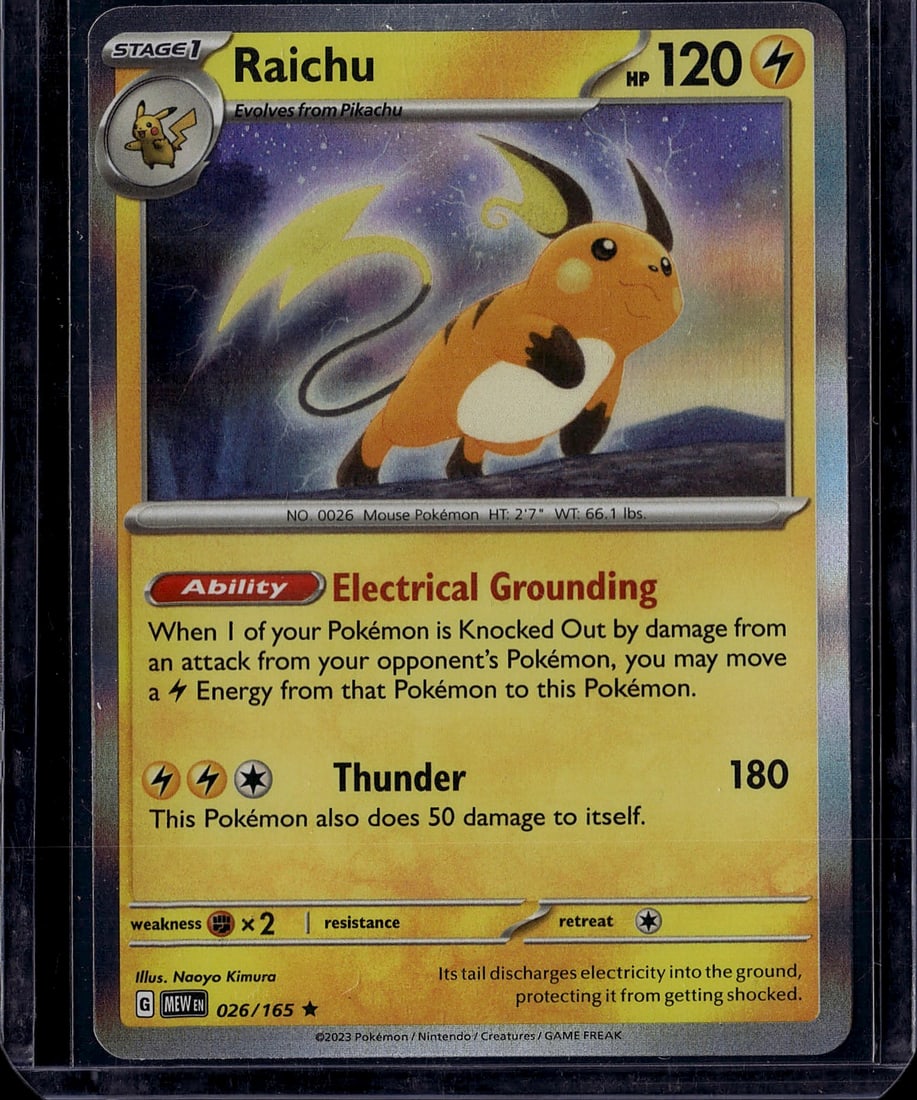 Raichu 026/165 Scarlet & Violet Pokemon Card: This is a raw Raichu Pokemon trading card single from the Scarlet & Violet set (026/165), illustrated by Nooyo Kimura. Raichu is a Stage 1 Electric-type Pokemon that evolves from Pikachu, featuring