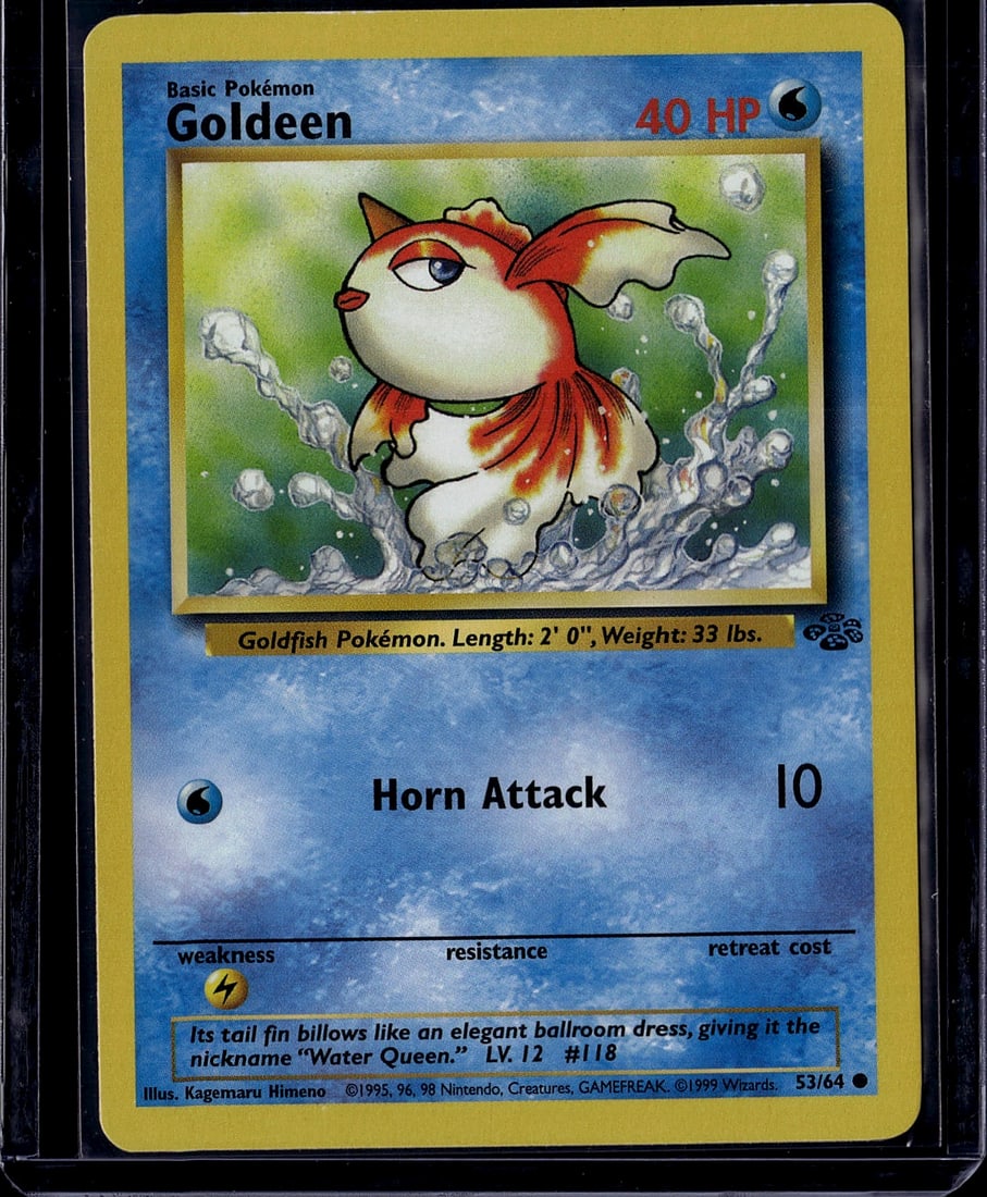 1999 Pokemon Base Set Goldeen #53/64 Wizards of: This is an original 1999 Pokemon Trading Card Game card featuring Goldeen from the Base Set. The card displays the iconic "Water Queen" design with vibrant red and white coloring and shows Goldeen in