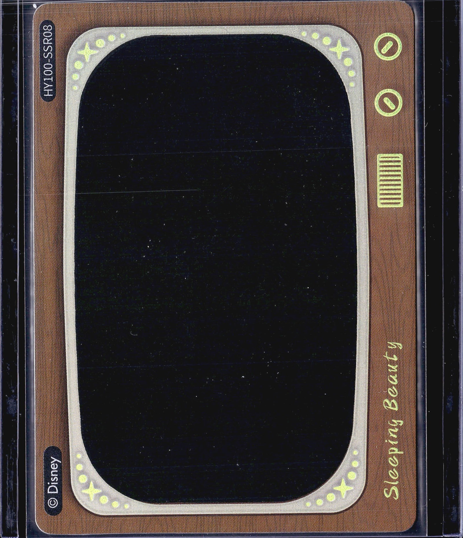 2023 Card Fun Disney 100 Heat Activated Sleeping: This listing features the 2023 Card Fun Disney 100 Heat Activated Movie Scenes card #HY100-SSR08, themed around Sleeping Beauty. The card displays a retro television set design with a wood-grain