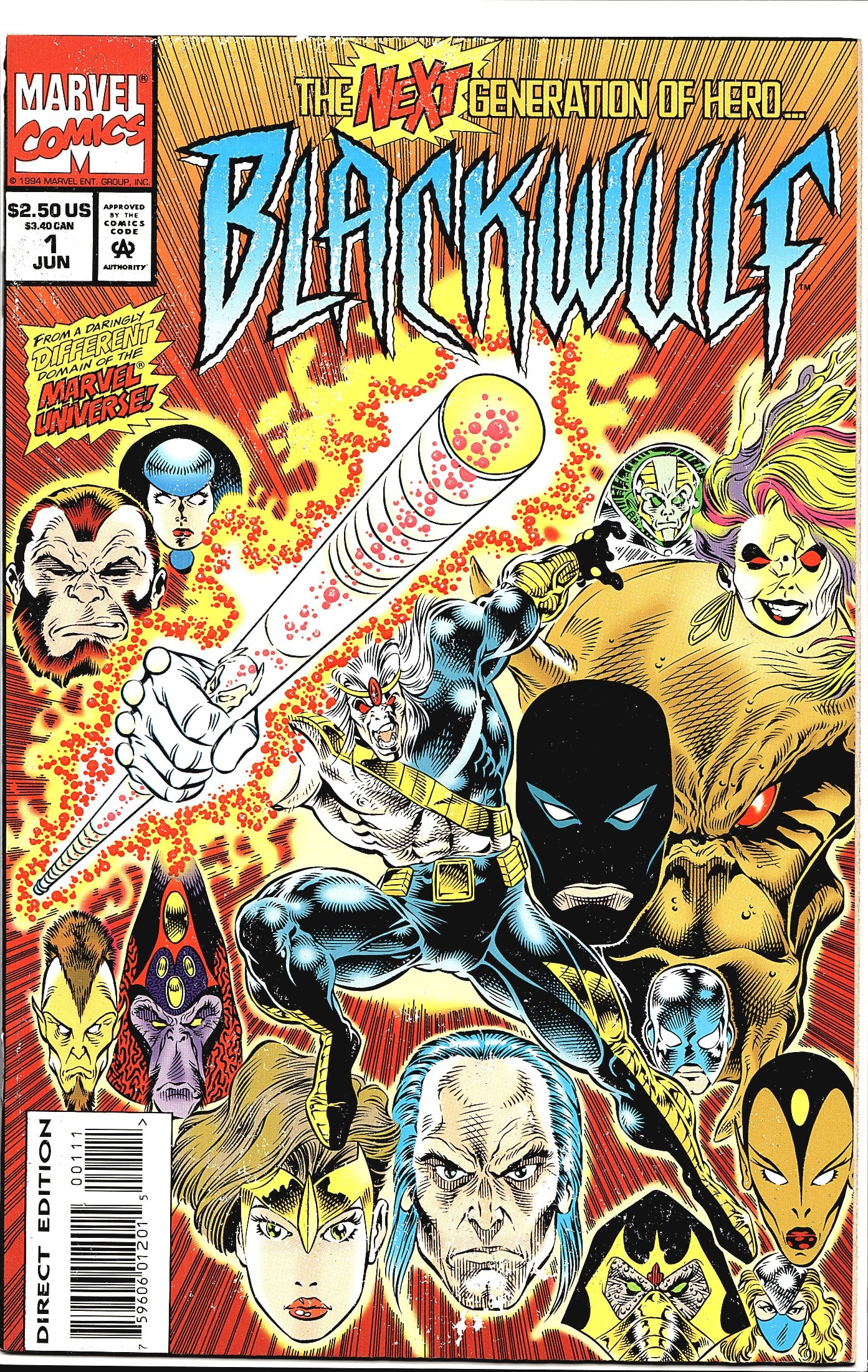 1994 Marvel Comics Blackwulf #1 Comic Book First: This is issue #1 of Blackwulf, published by Marvel Comics in June 1994, priced at $2.50 US / $3.40 CAN. The cover features the title character Blackwulf prominently in a dark costume with gold belt, s