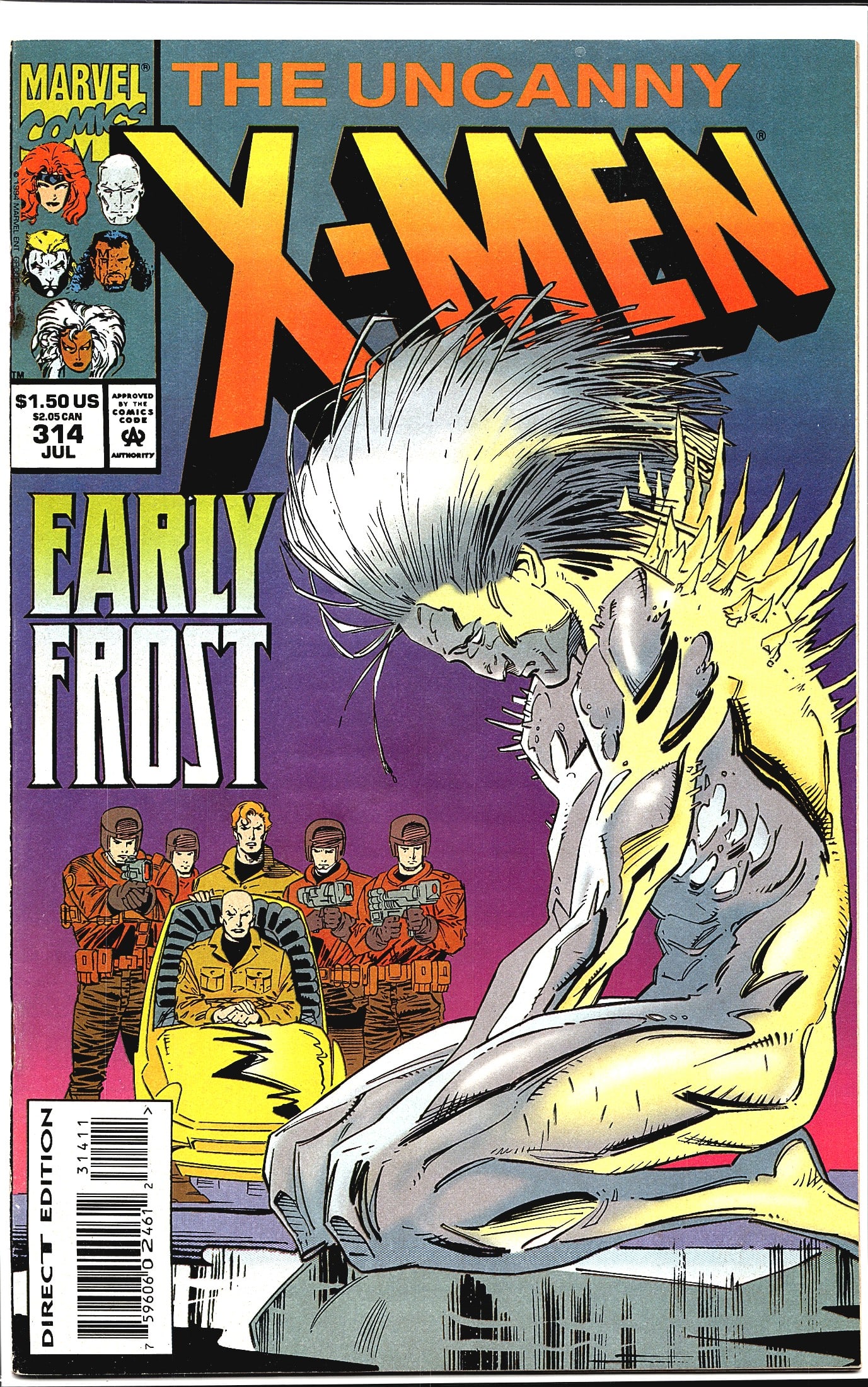 Uncanny X-Men #314 Marvel Comics 1994 Early: This is Uncanny X-Men #314, published by Marvel Comics and cover-dated July 1994, titled 'Early Frost.' The cover art features a dramatic transforming figure with glowing energy effects, alongside a