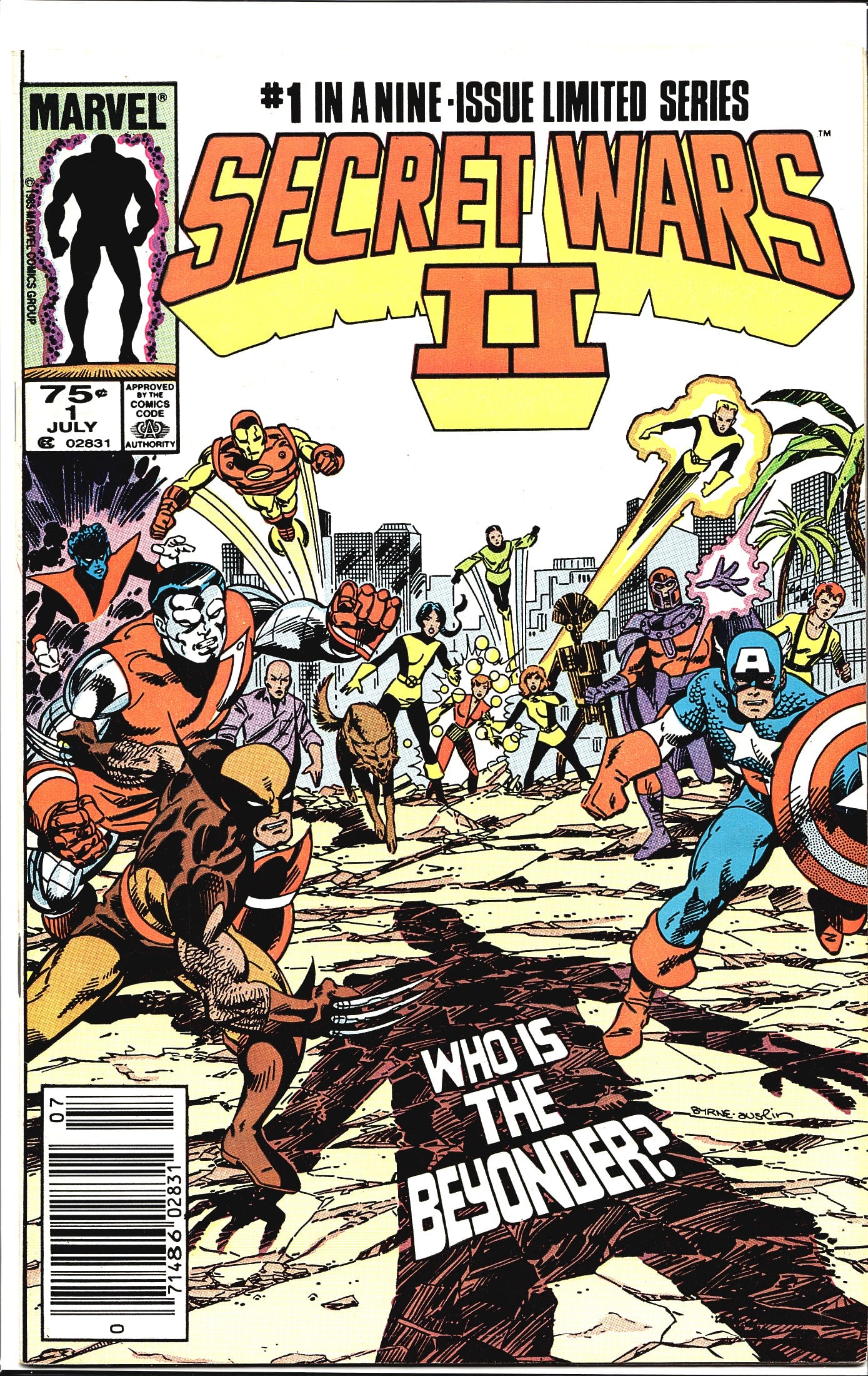 1985 Marvel Secret Wars II #1 Comic Book: Secret Wars II #1 (July 1985) is the debut issue of Marvel's nine-issue limited series event comic. The cover, signed by Byrne and Aurin, features an action-packed lineup of Marvel heroes including Ca