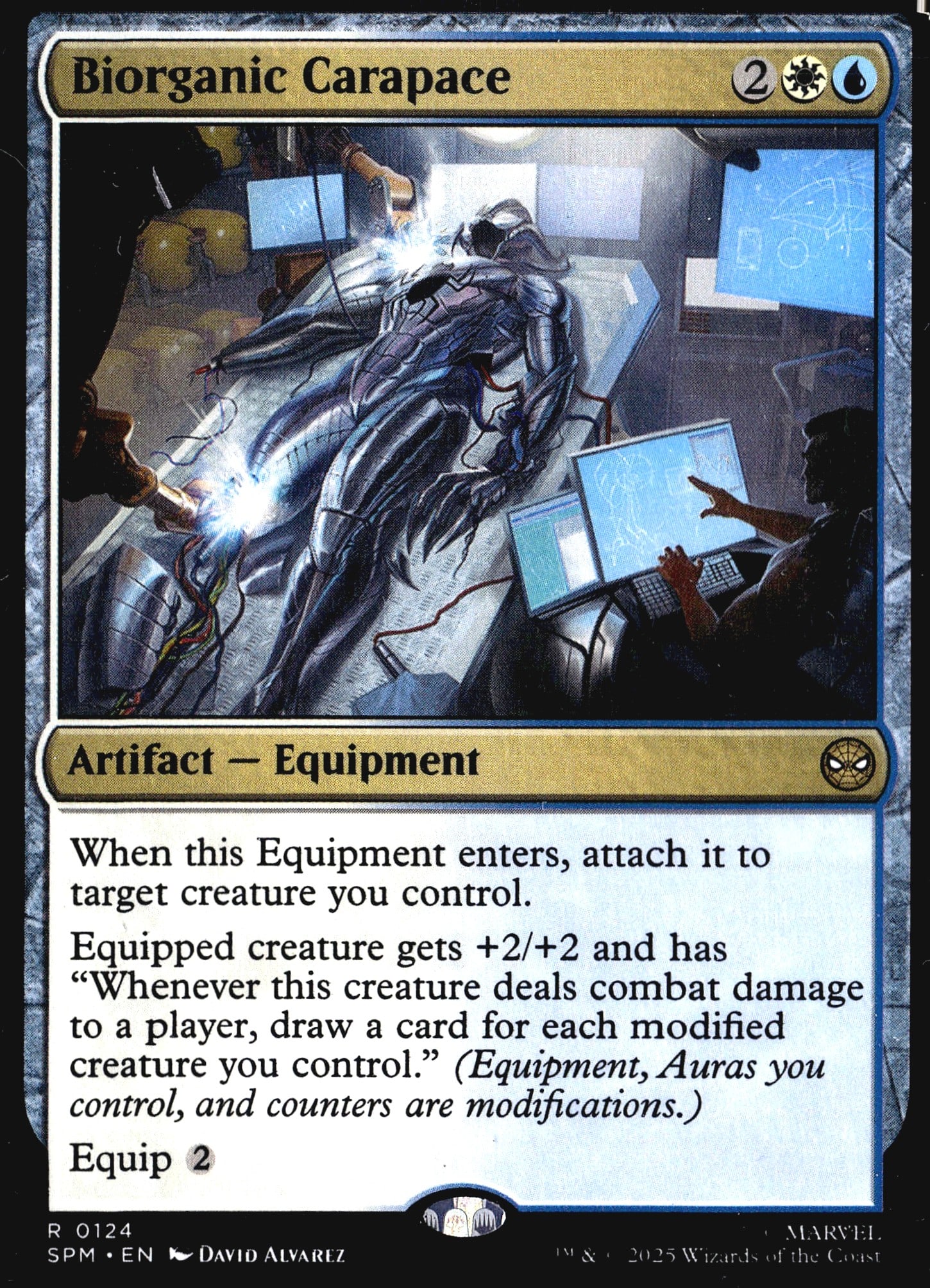 2025 Magic: The Gathering Marvel's Spider-Man: This listing features Biorganic Carapace, card #0124 from the 2025 Magic: The Gathering Marvel Spider-Man crossover set (SPM). It is a Rare Artifact - Equipment with a mana cost of 2WU. When this