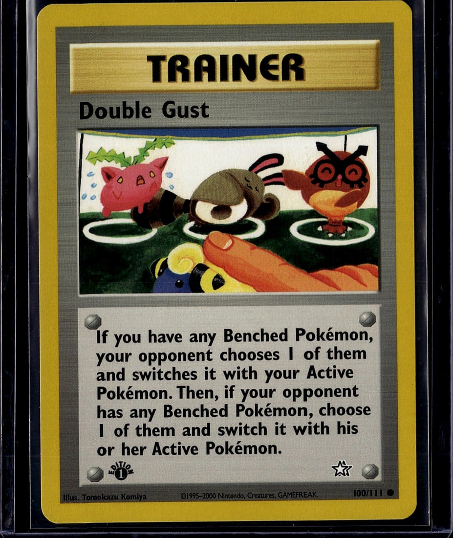 Double Gust Pokemon Trainer Card Neo Genesis: This is an authentic Pokemon Trainer card titled "Double Gust" from the Neo Genesis set, released in 2000. Card number 100/111 showcases vibrant vintage artwork featuring multiple Pokemon characters