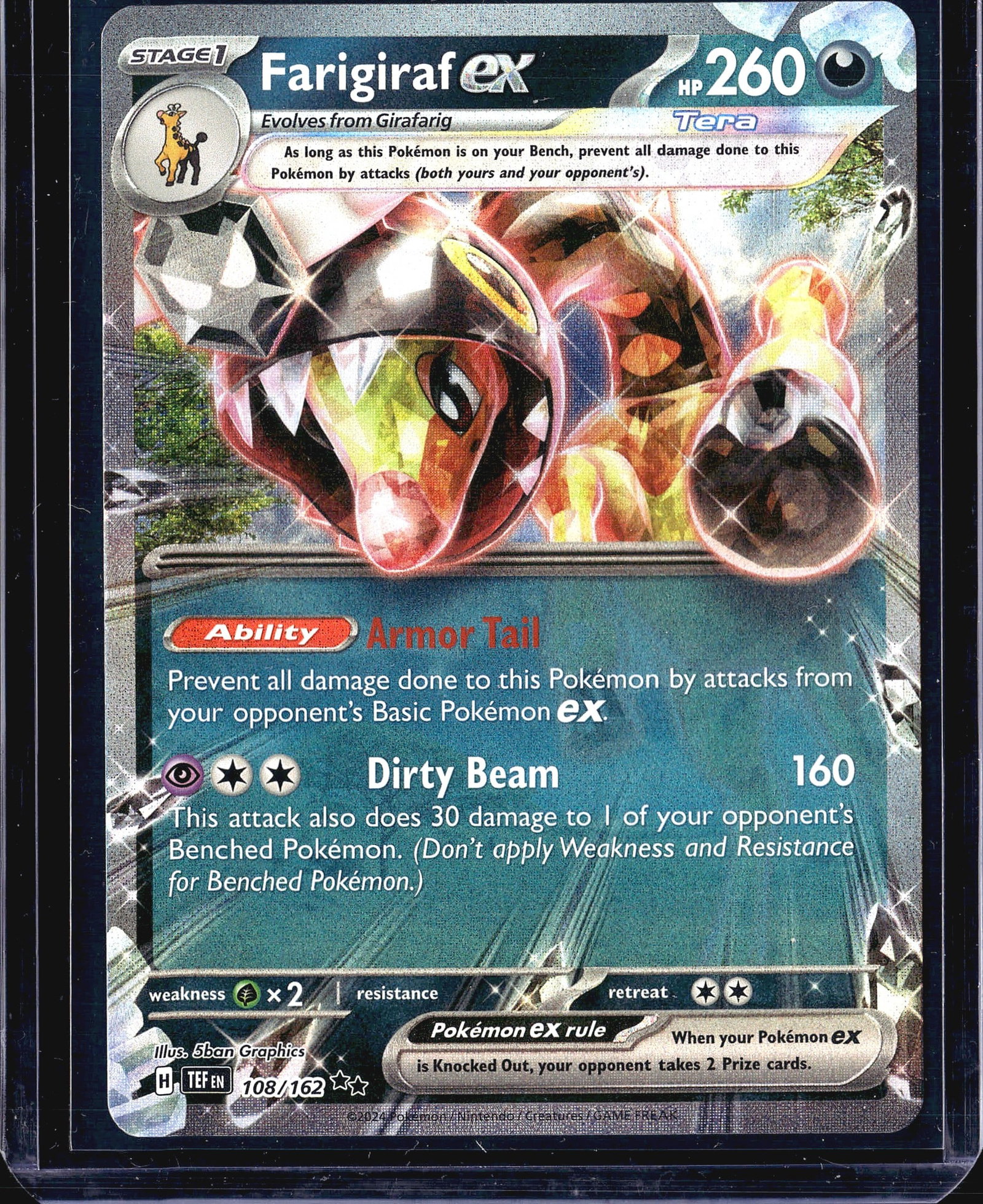 2024 Pokemon Temporal Forces Farigiraf ex: This listing features the 2024 Pokemon Temporal Forces Farigiraf ex, card number 108/162, from the TEF set (English). Farigiraf ex is a Stage 1 Tera Pokemon with 260 HP and the Psychic type. It