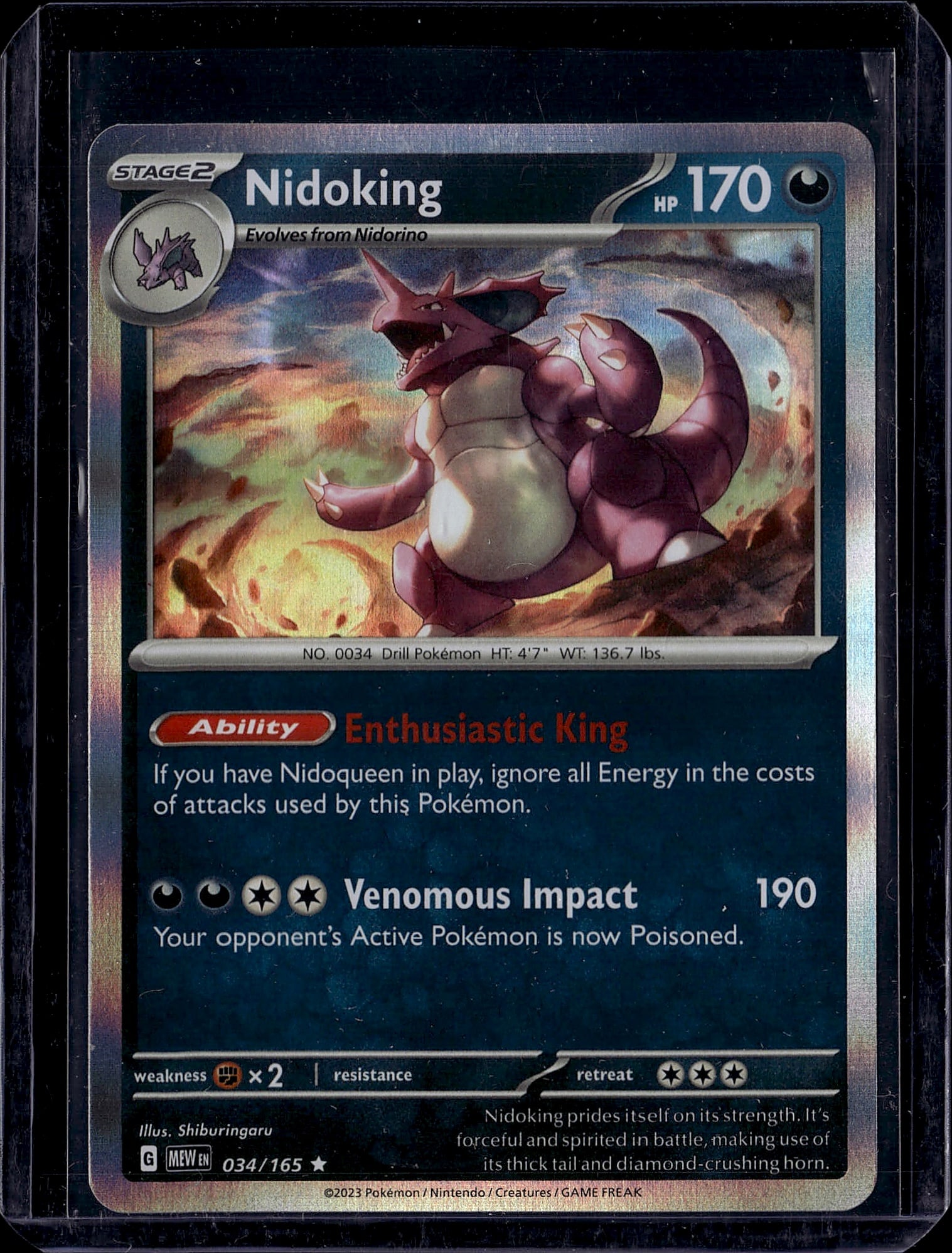 Nidoking Stage 2 Pokemon Card 034/165 Scarlet: This is a raw Near Mint Nidoking Stage 2 Pokemon card from the modern Scarlet & Violet set, card number 034/165. The card features the iconic purple drill Pokemon with 170 HP and showcases excellent a