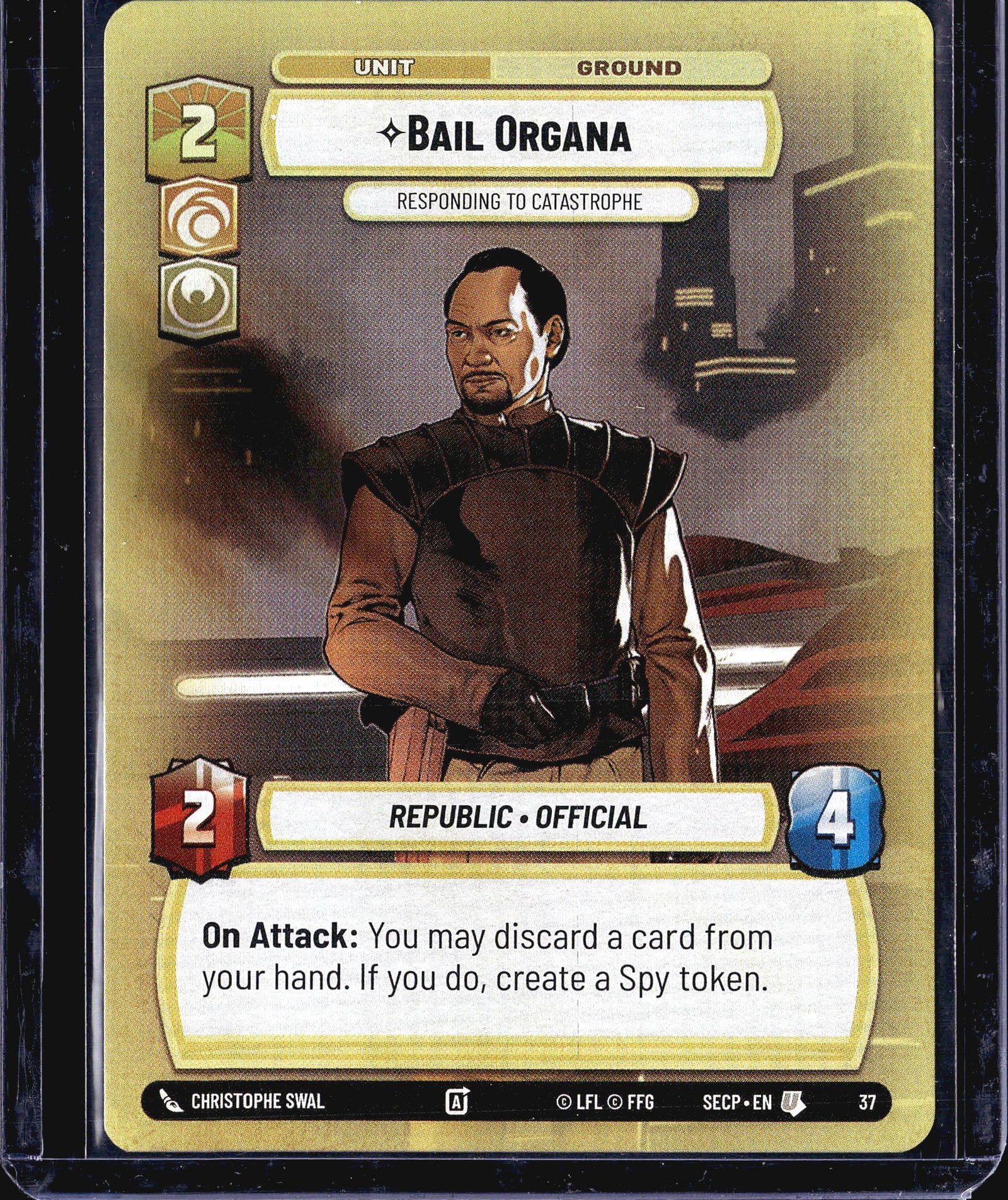 Bail Organa #37 Star Wars Unlimited Spark of: This listing features Bail Organa (#37), a Ground Unit card from the Star Wars Unlimited trading card game, published by Fantasy Flight Games under license from LFL. The card carries the subtitle